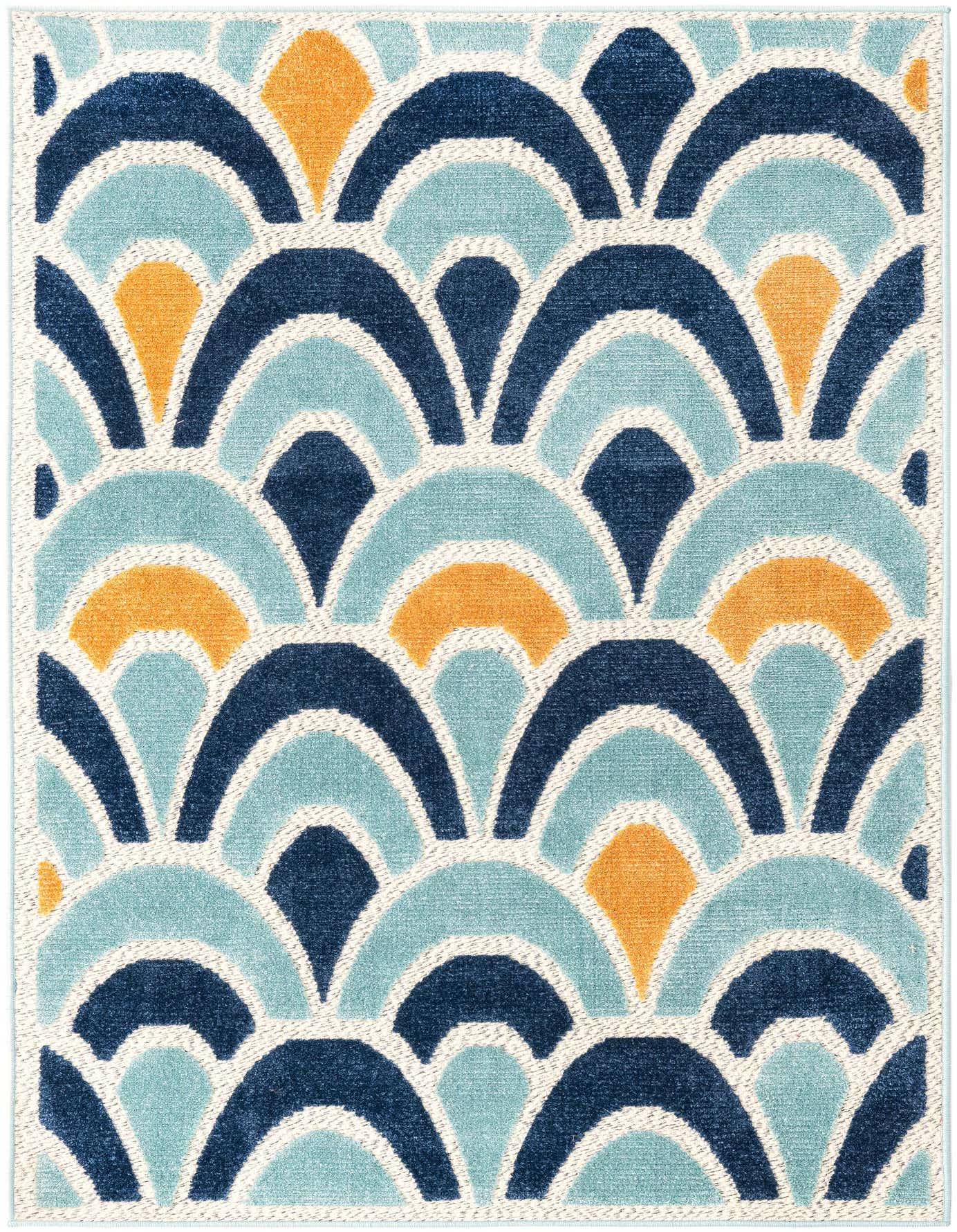 A 4x6 rectangular indoor/outdoor rug with a modern trellis pattern in shades of blue, light blue, and orange on a cream background.