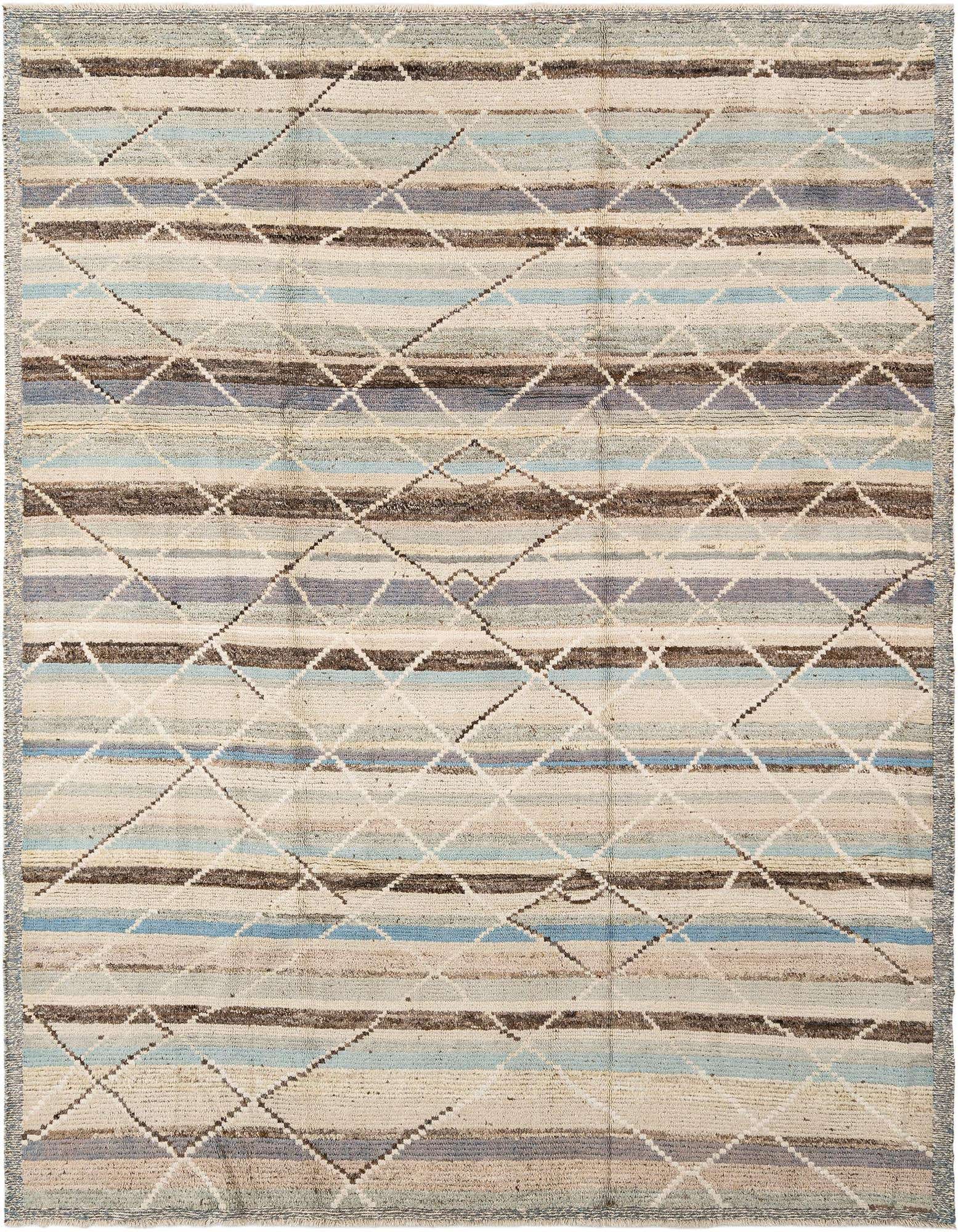 Handmade rectangular Beni Marok wool rug featuring blue, brown, and cream stripes with a subtle diamond pattern.