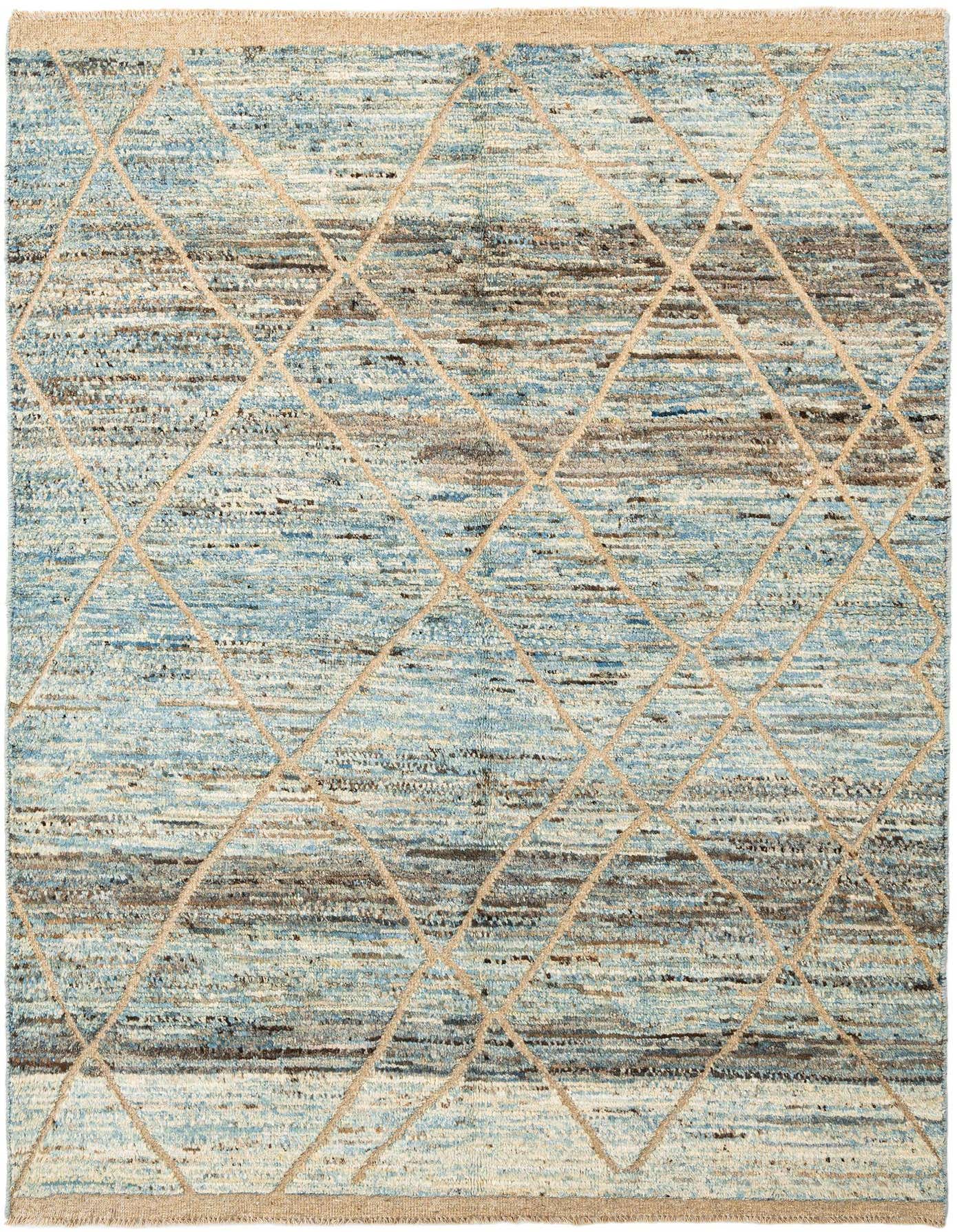 A 5x8 rectangular Beni Marok wool rug with a blue textured background and a light brown diamond pattern.