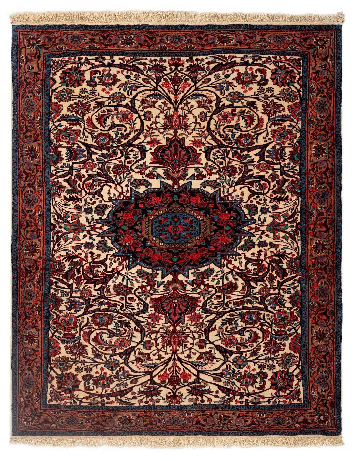 A 4x6 rectangular Bidjar Persian rug with a cream background, intricate blue and red floral patterns, and a central medallion.
