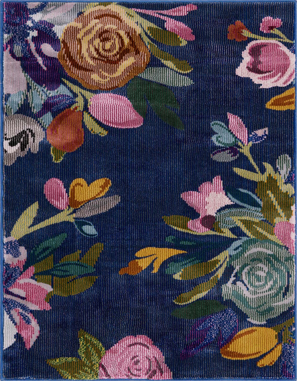 A 2x3 rectangular Rugs.com Blossom rug with a navy blue background and vibrant floral patterns in pink, yellow, green, and brown.