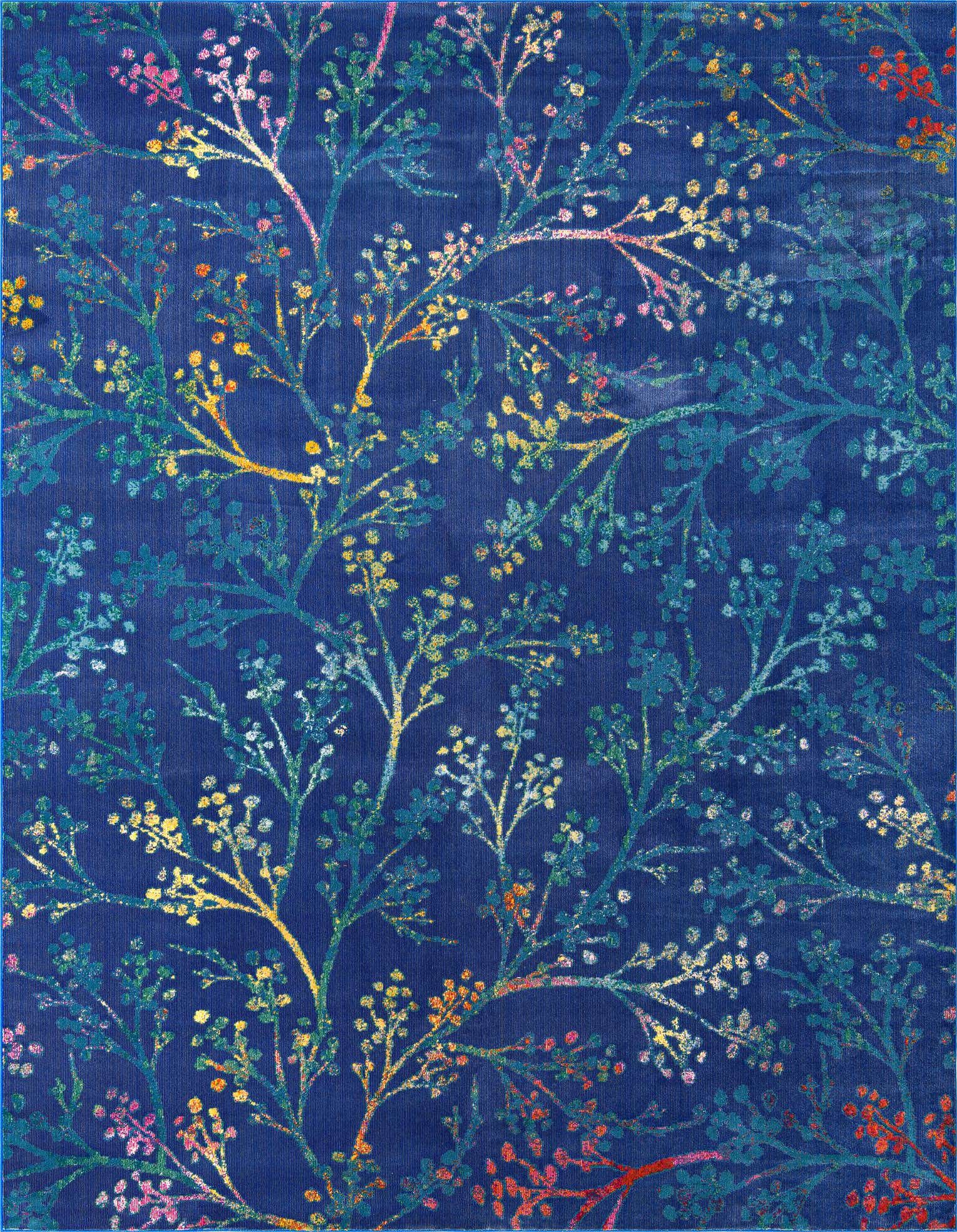 A rectangular 8x10 blue area rug featuring a modern botanical pattern of colorful branches and small blossoms in shades of yellow, pink, and teal.