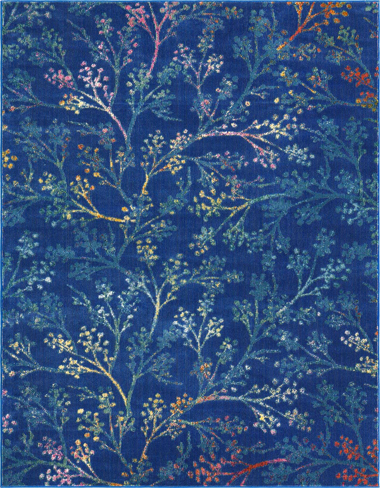 A 5x8 rectangular blue rug with a vibrant botanical pattern featuring thin branches and small floral clusters in shades of pink, yellow, green, and orange.