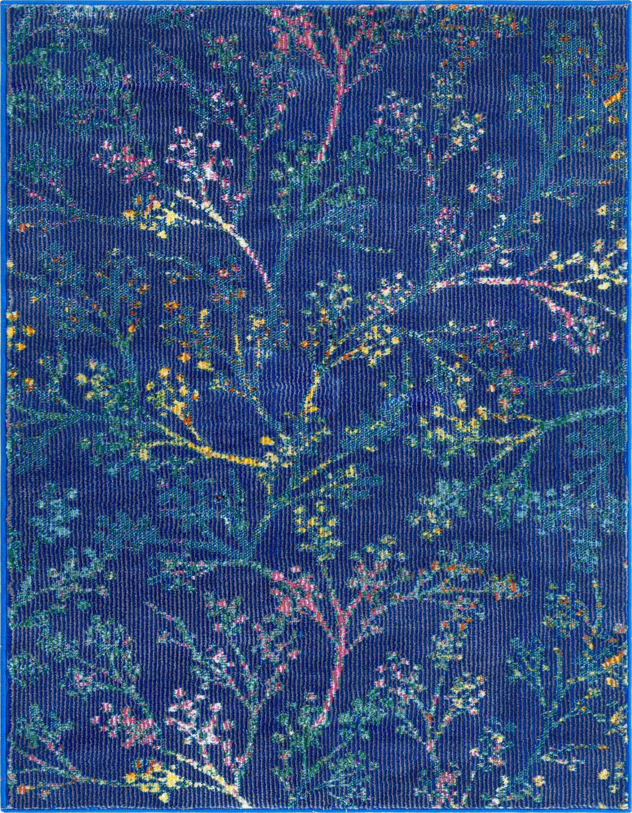 A 2x3 rectangular blue rug with a modern botanical pattern featuring colorful floral branches in pink, yellow, and green.