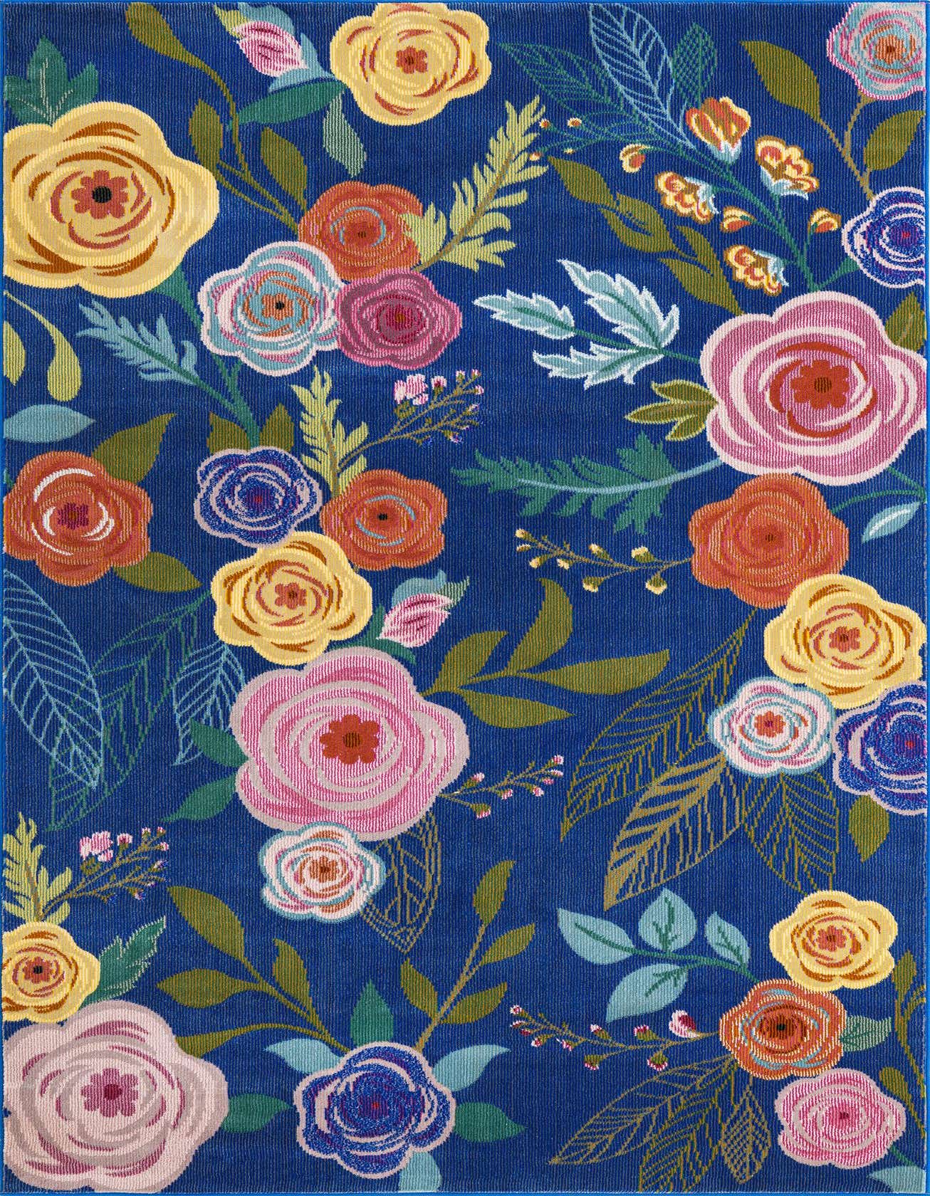 A 4x6 rectangular blue area rug featuring a vibrant modern floral pattern with large pink, yellow, orange, and blue blossoms and green leaves.