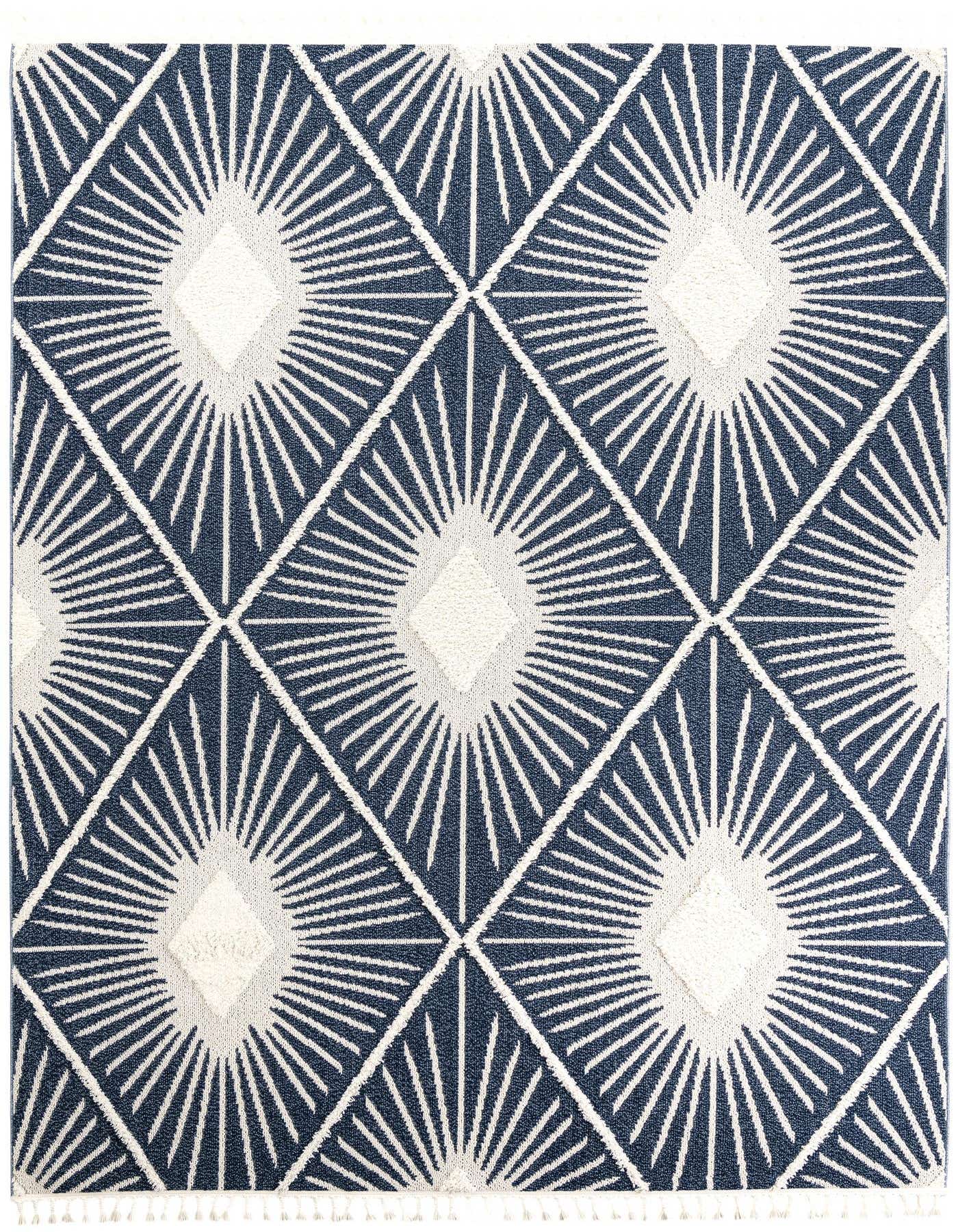 A 9x12 rectangular indoor rug featuring a modern bohemian trellis pattern in navy blue and white, with textured pile.
