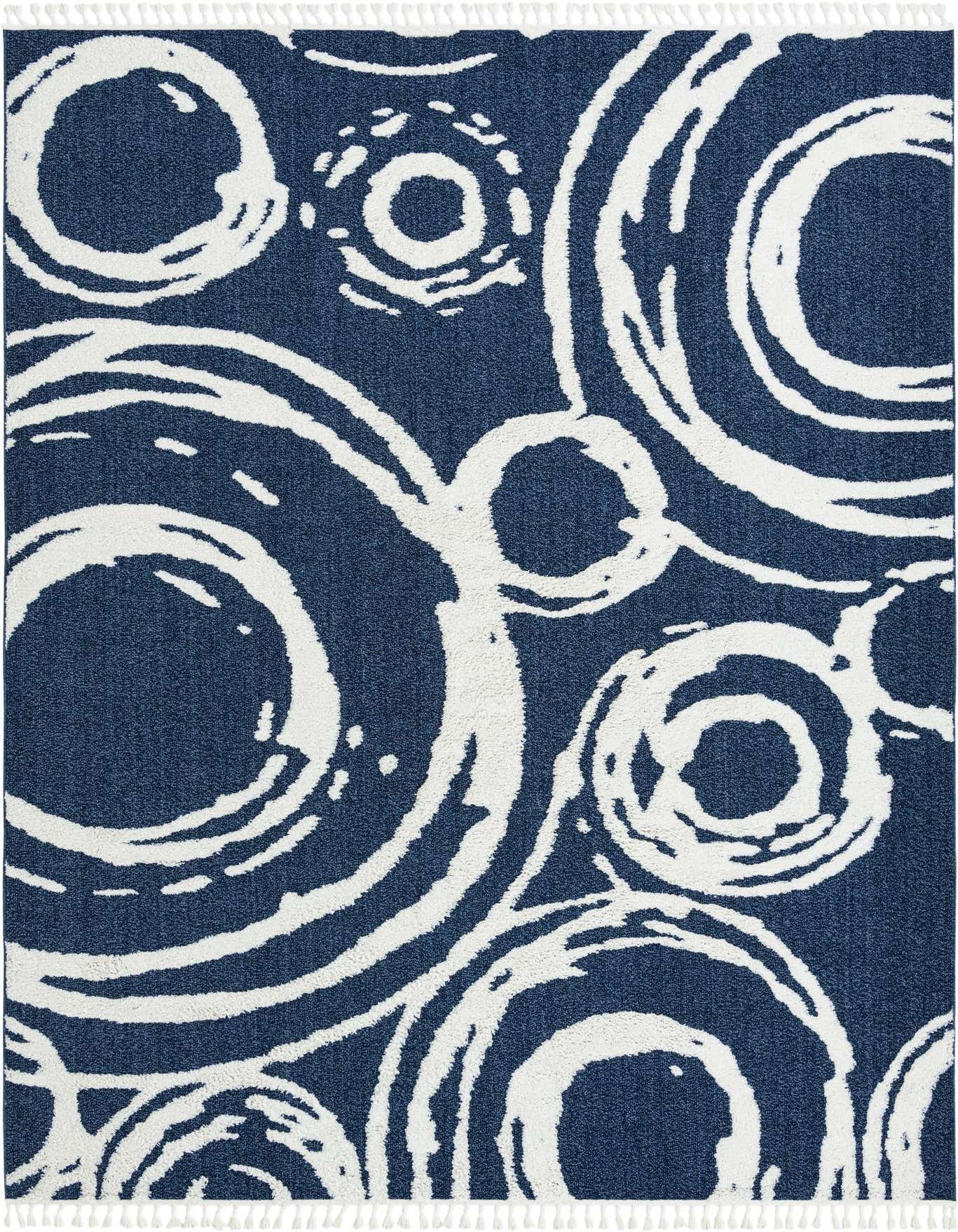 A 10x14 rectangular blue and white rug with a modern abstract bohemian pattern of swirling circles and a textured pile.