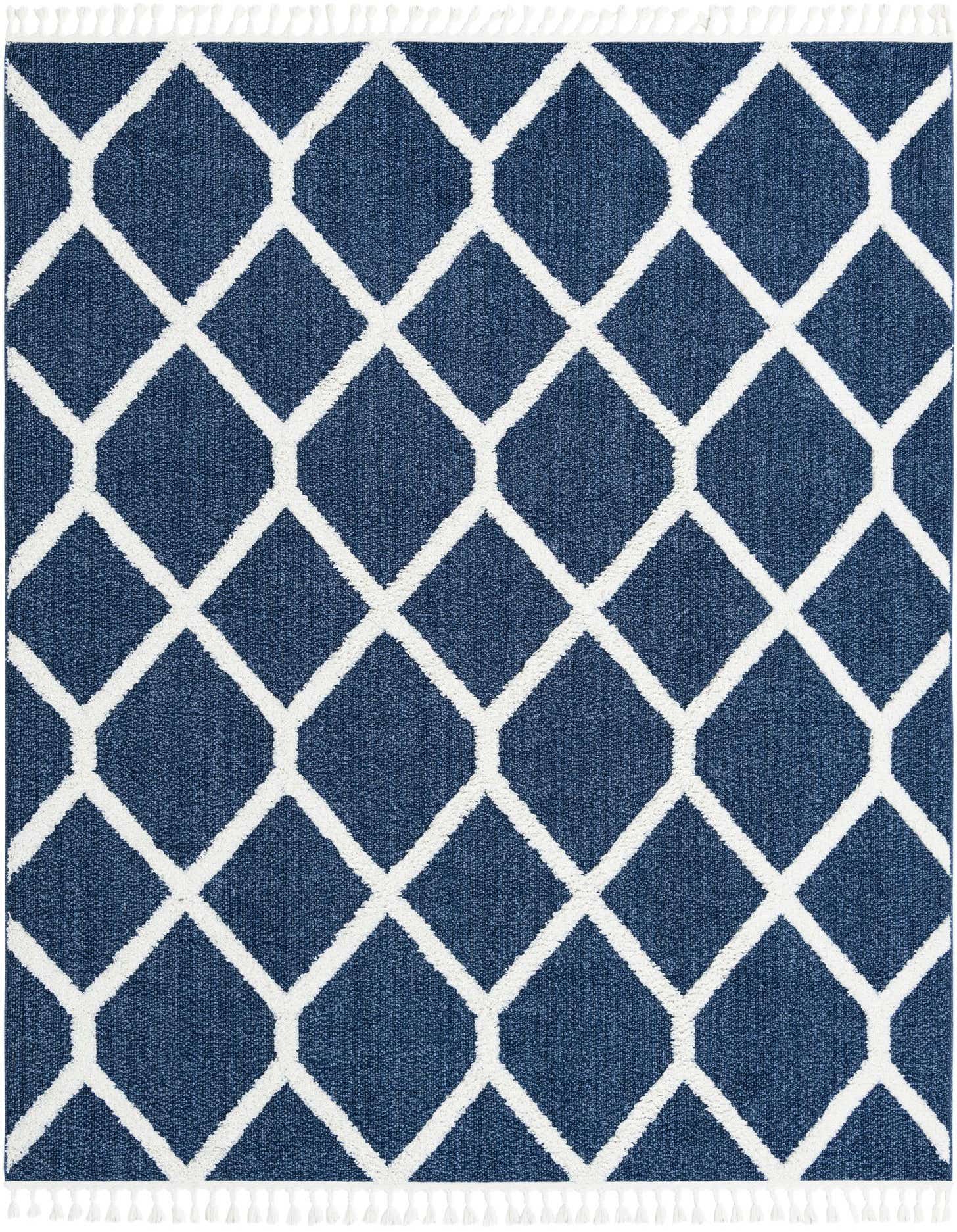 A rectangular 8x10 blue area rug with a white modern trellis pattern and short fringe.