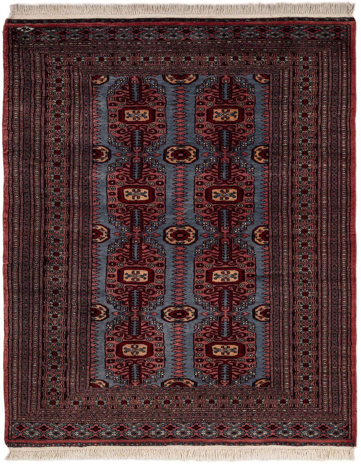 A 4x6 rectangular Bokhara rug with a blue field and traditional tribal patterns in red, gold, and black, featuring a detailed border.