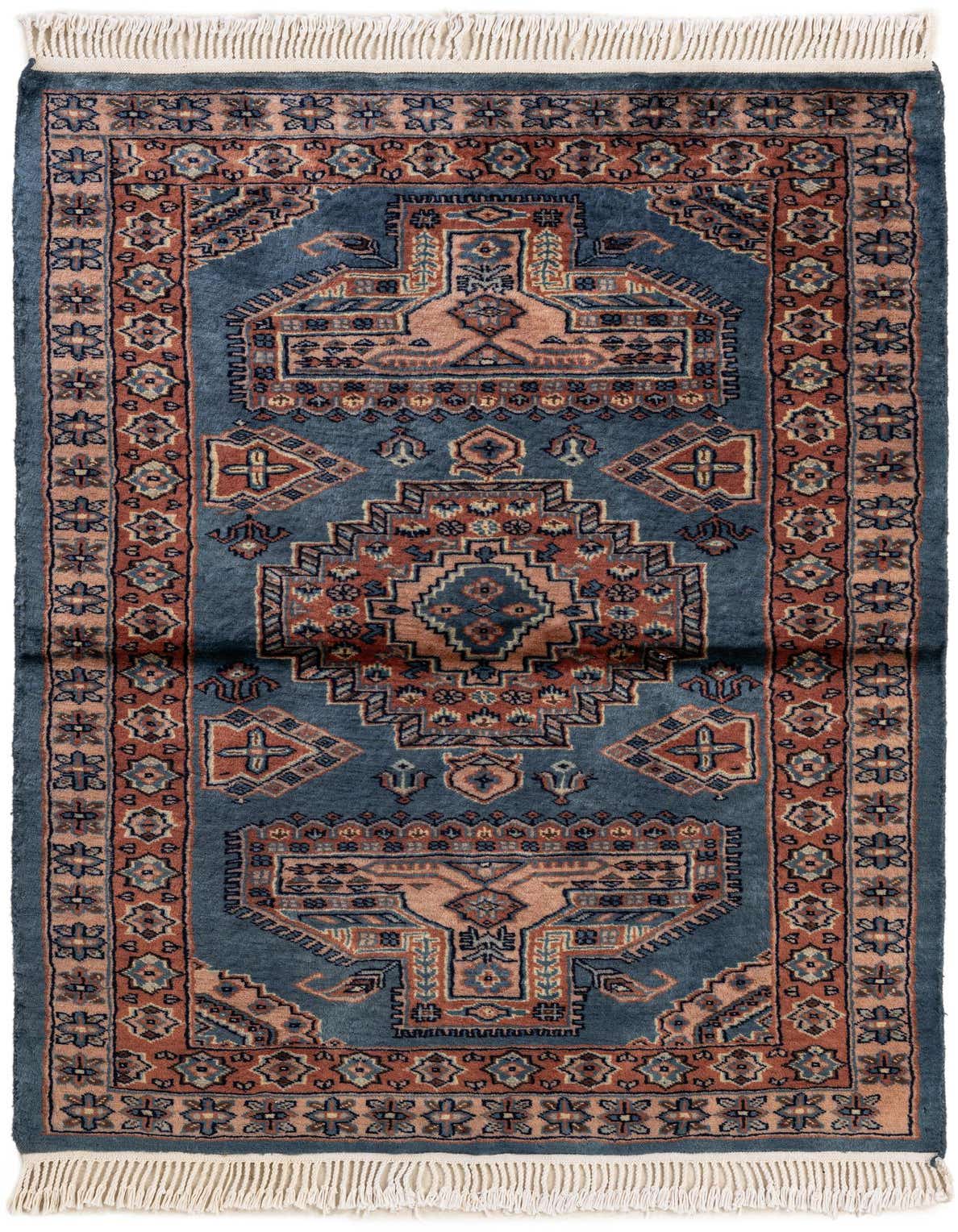 A 3x5 rectangular Bokhara rug featuring a traditional tribal pattern in various shades of blue and terracotta, with white fringed ends.
