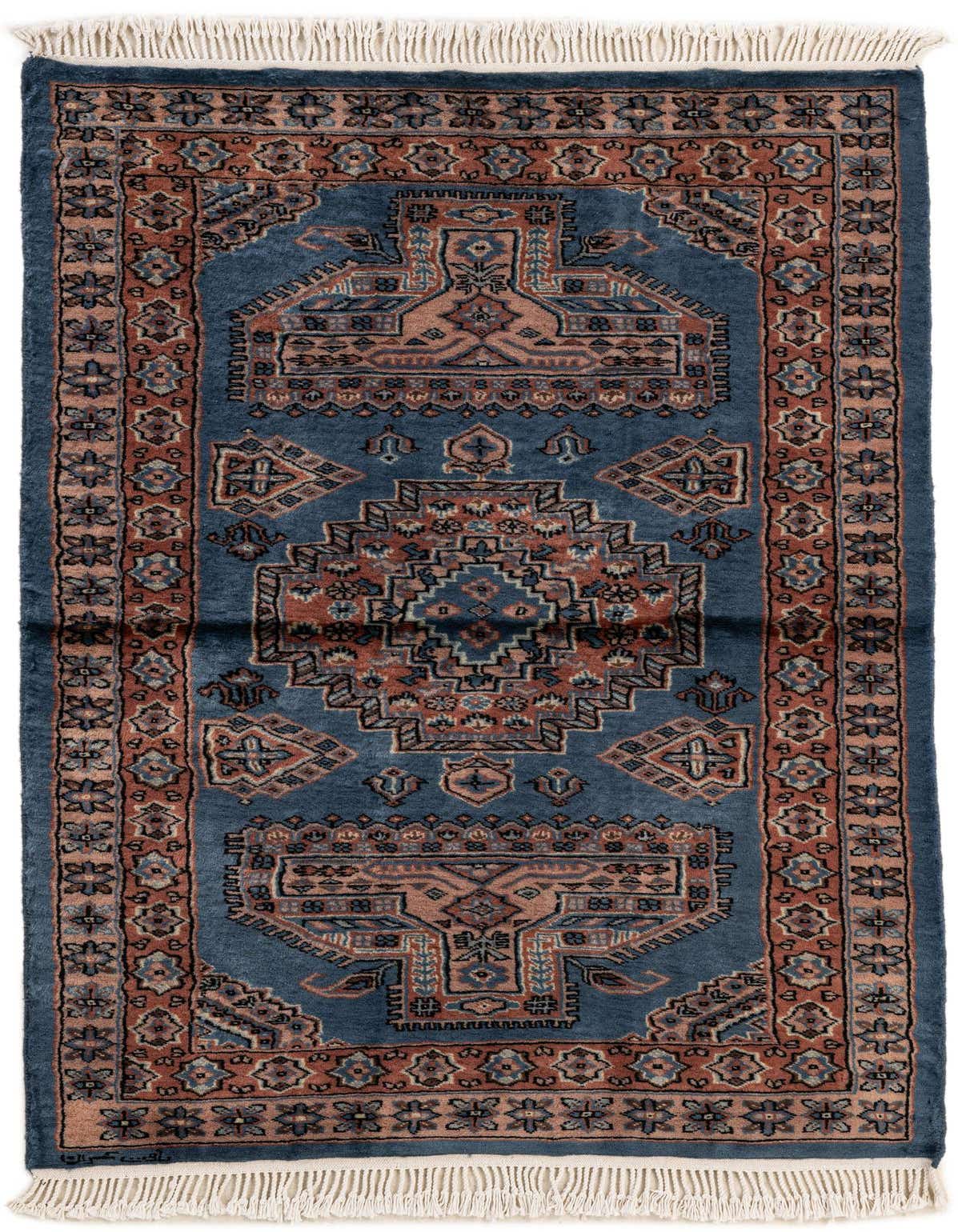 A 3x5 rectangular Bokhara rug in shades of blue with intricate tribal and traditional patterns, featuring a flat pile and fringed ends.
