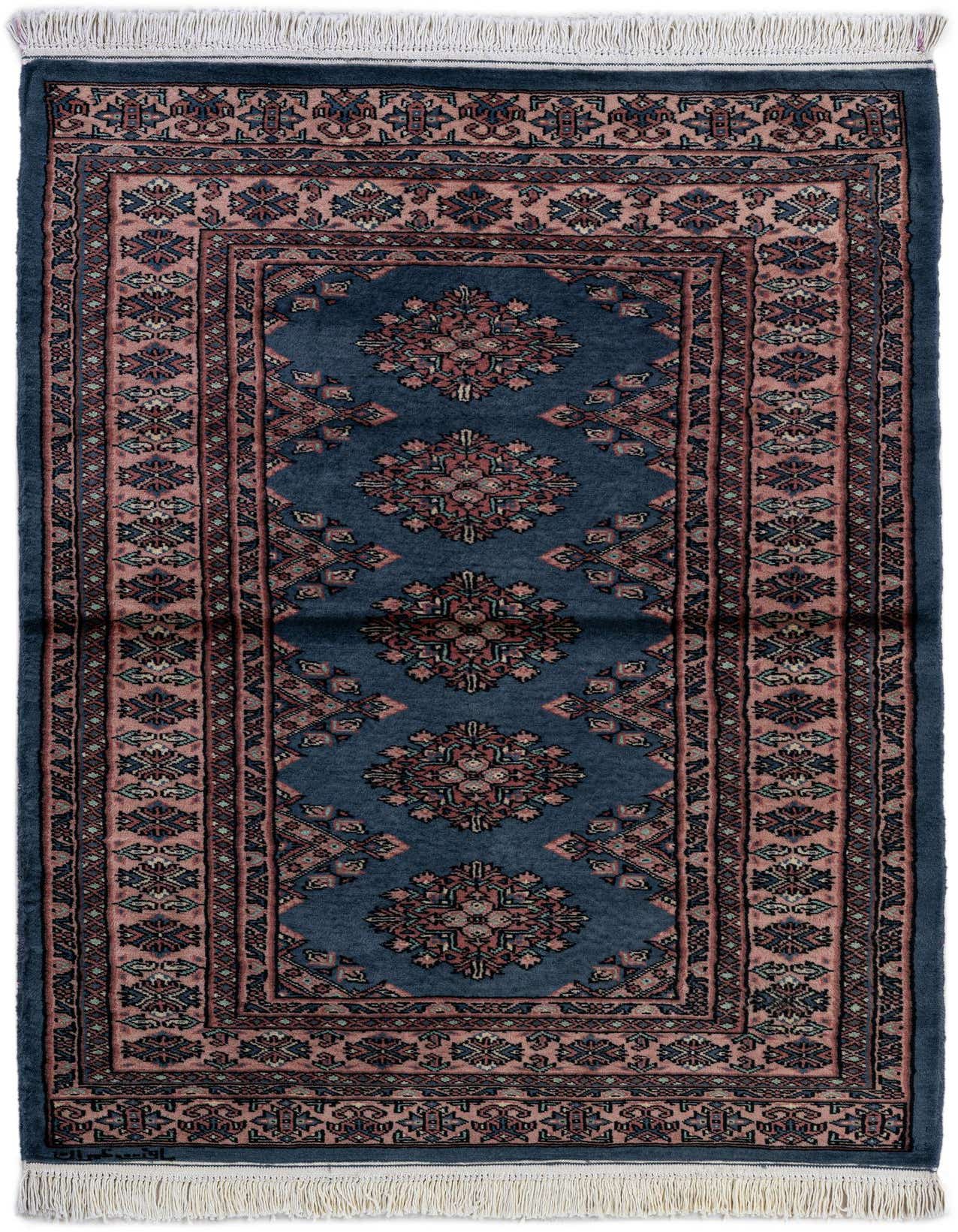 A 3x5 rectangular Bokhara rug in shades of blue with intricate tribal and traditional patterns in pink and red, featuring a flat pile.