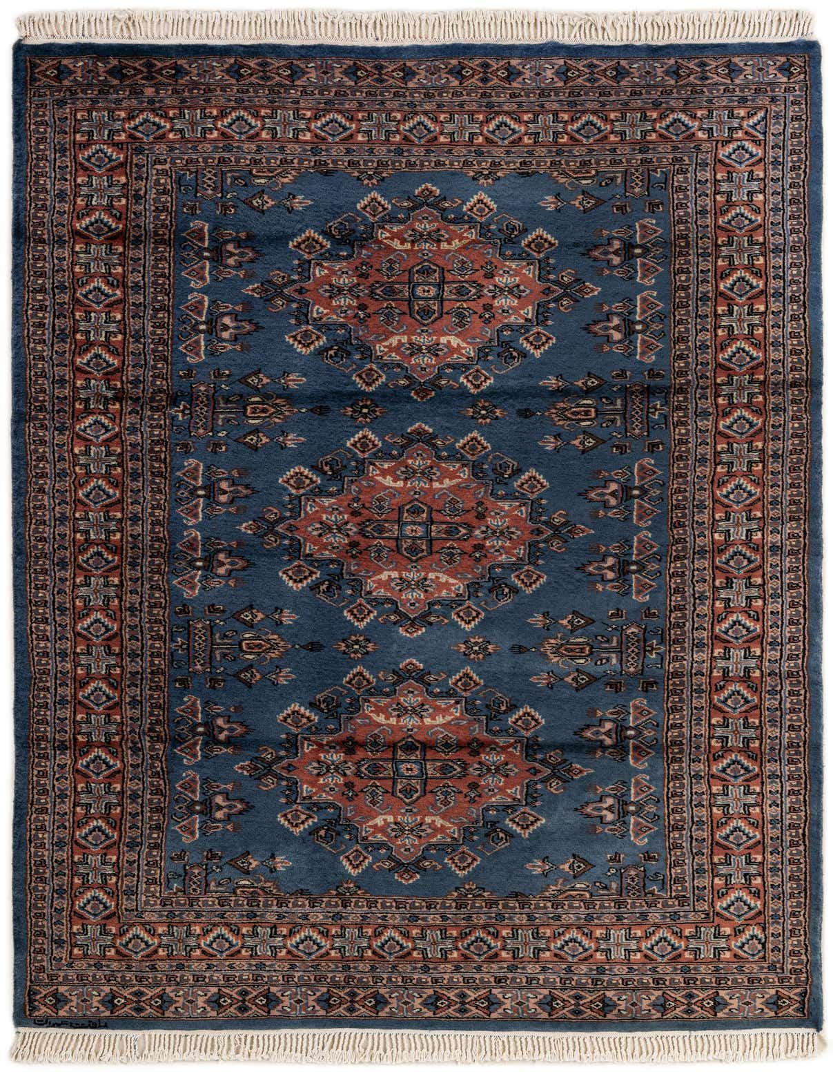 A 4x6 rectangular Bokhara rug featuring a deep blue field with intricate tribal and traditional patterns in shades of rust, cream, and black, framed by a detailed border.