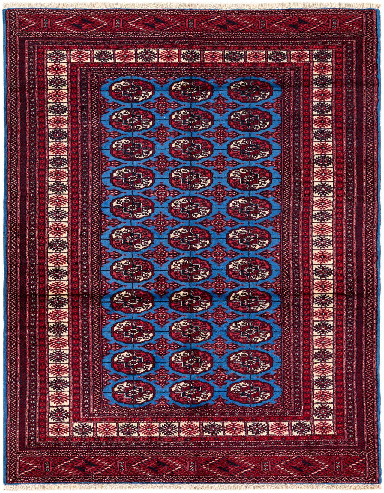 A 4x6 rectangular Bokhara rug featuring a vibrant blue field with traditional red and white medallion patterns, framed by intricate red and cream borders.