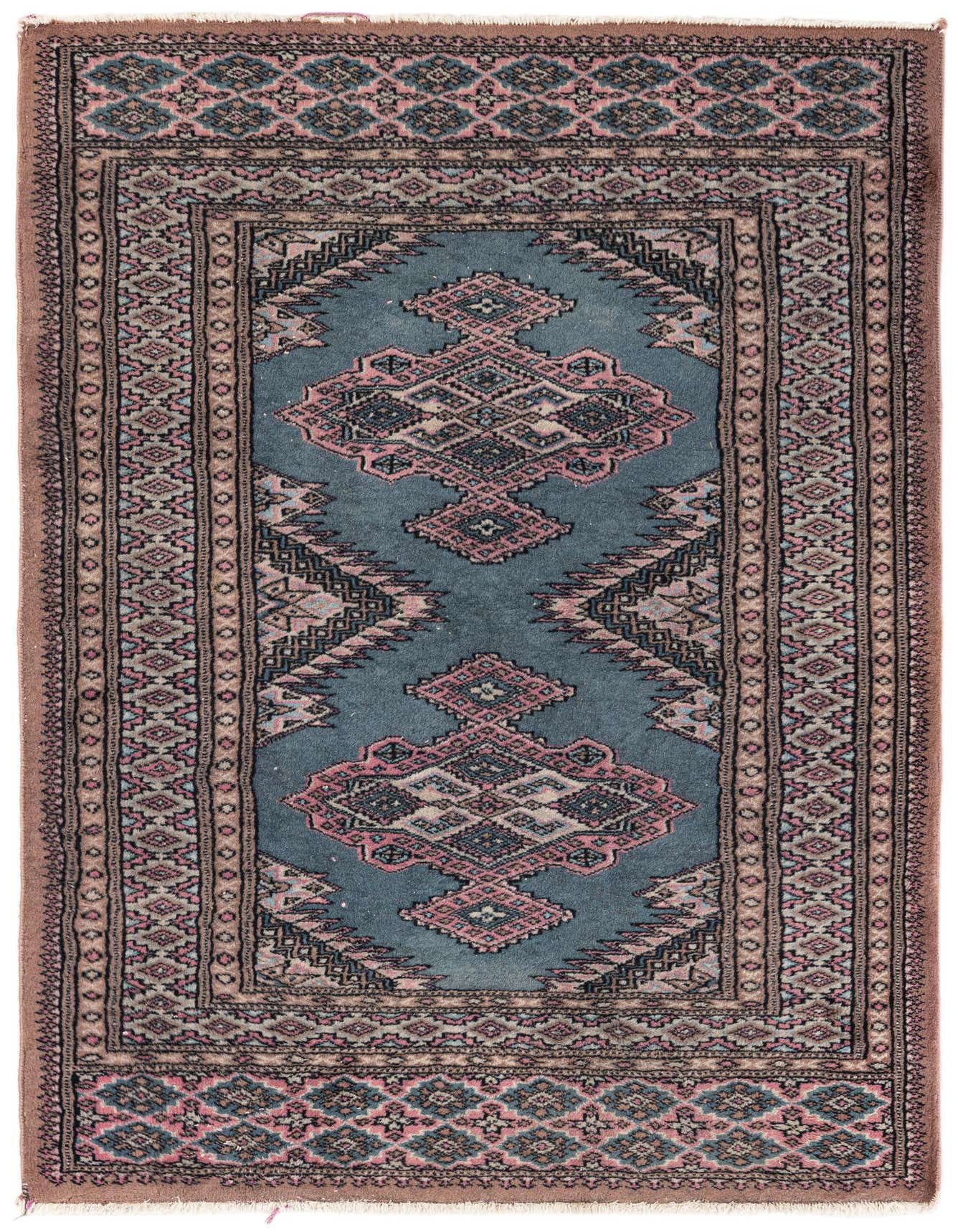 A 3x4 rectangular Bokhara rug featuring a traditional tribal pattern in blues, pinks, and browns.