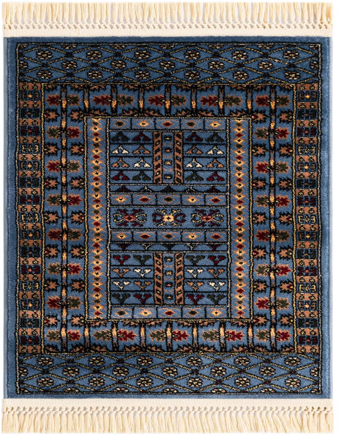 A 2x3 rectangular blue Bokhara rug with intricate traditional patterns in red, gold, and black, featuring white fringe.