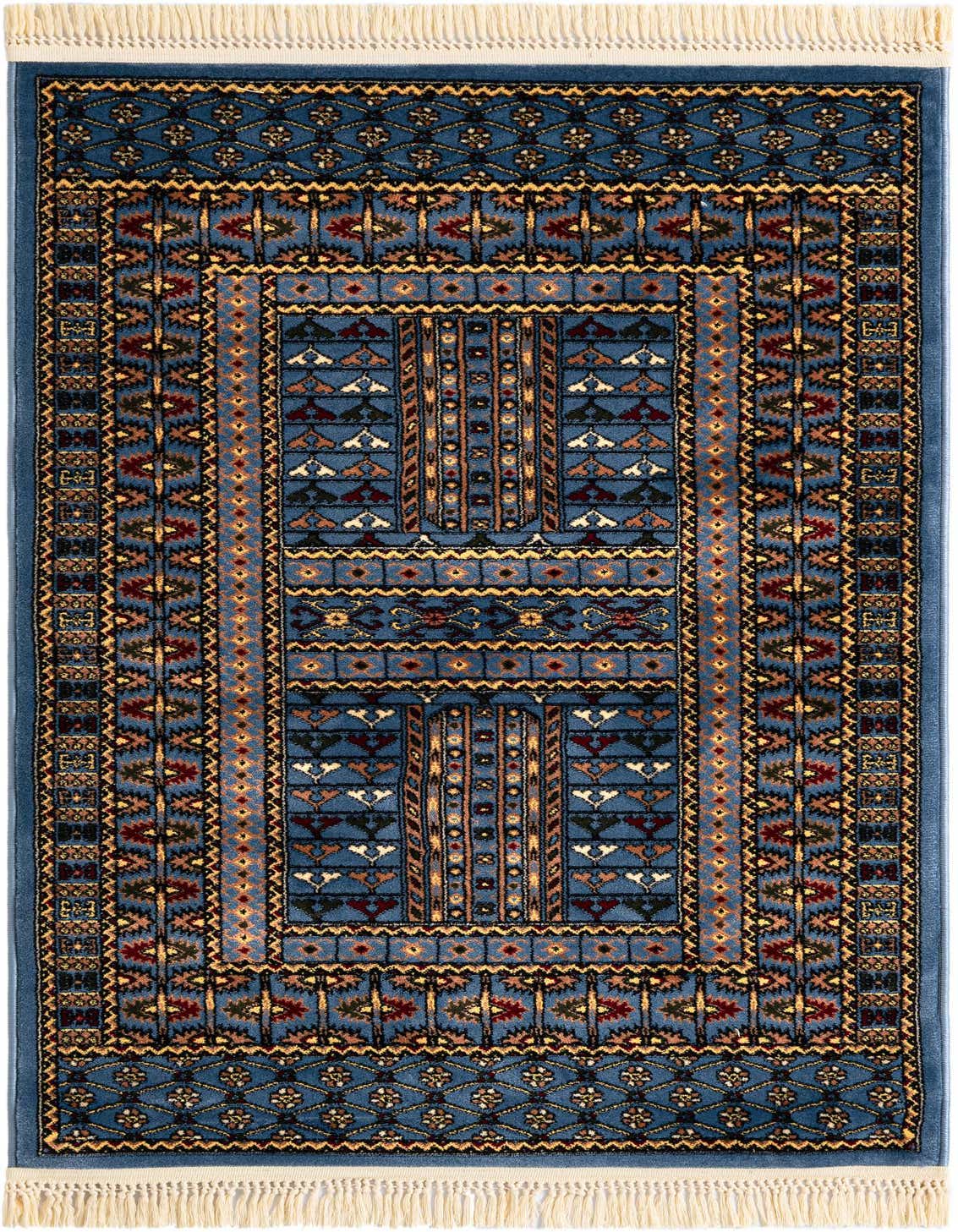 A 3x5 rectangular Bokhara rug in shades of blue with intricate traditional patterns and cream fringe.