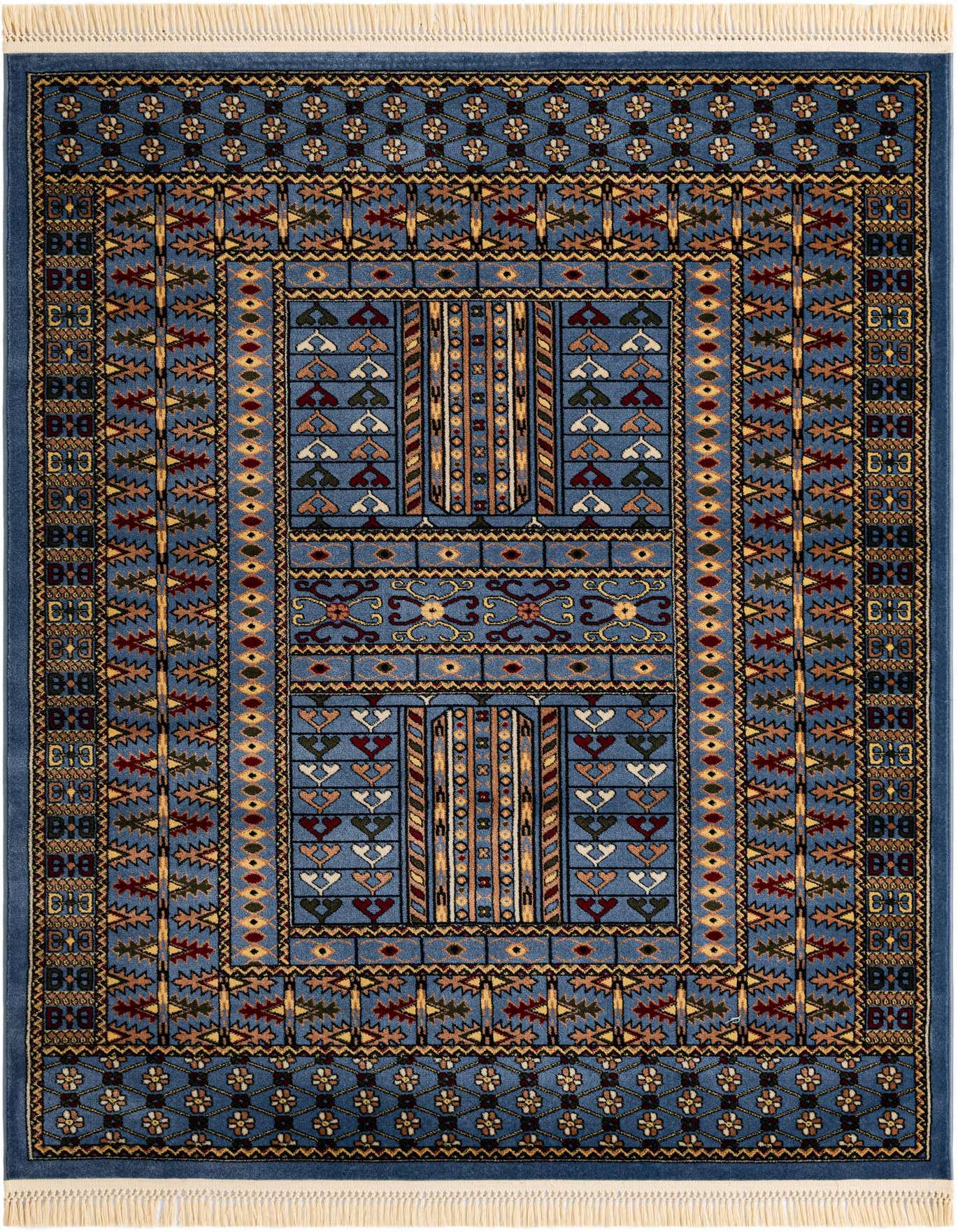 A 5x7 rectangular Bokhara rug in shades of blue with intricate traditional patterns and white fringe.
