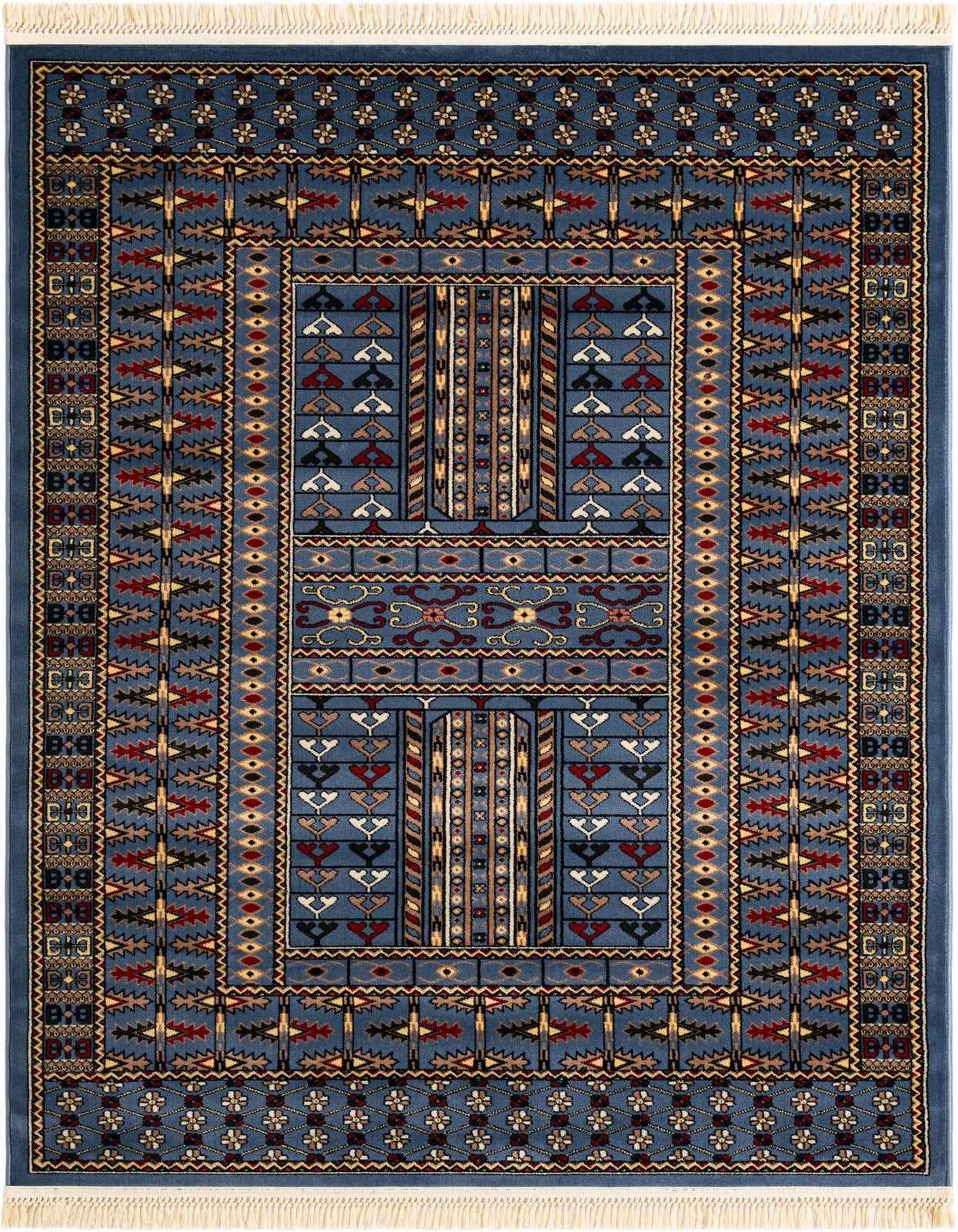 A 5x8 rectangular Bokhara rug in shades of blue with intricate traditional patterns in red, gold, and black, featuring white fringe.