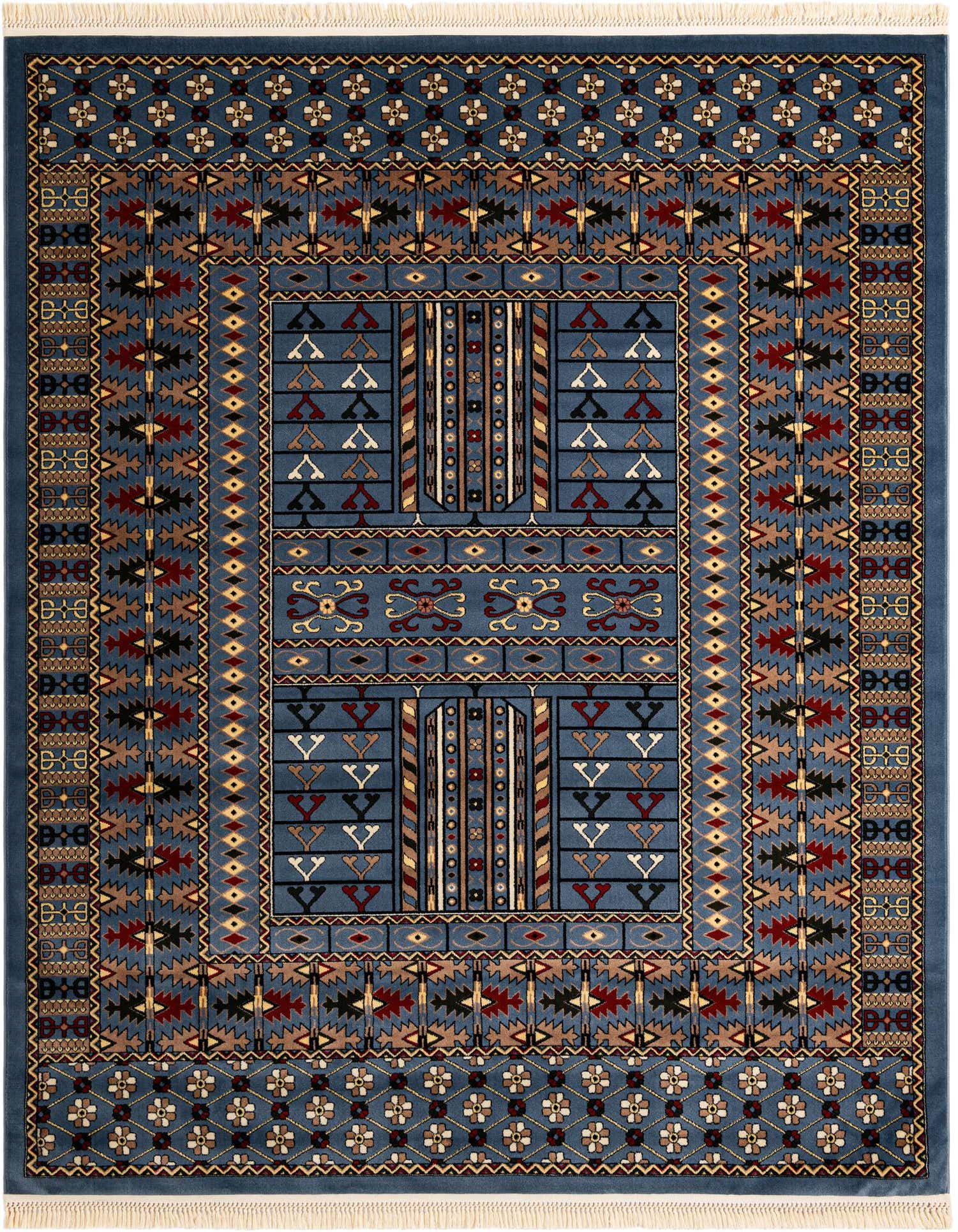 A rectangular 8x10 Bokhara rug in shades of blue with intricate traditional patterns in red, black, and beige, featuring a thin pile and fringed ends.