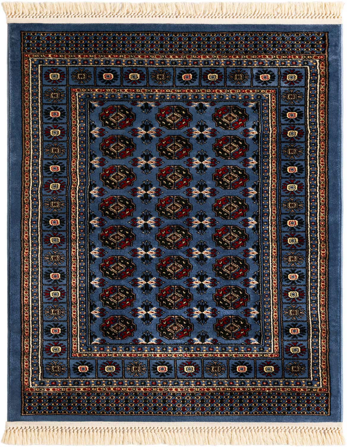 A 3x5 rectangular blue rug with a traditional Bokhara pattern featuring red, black, and cream accents.