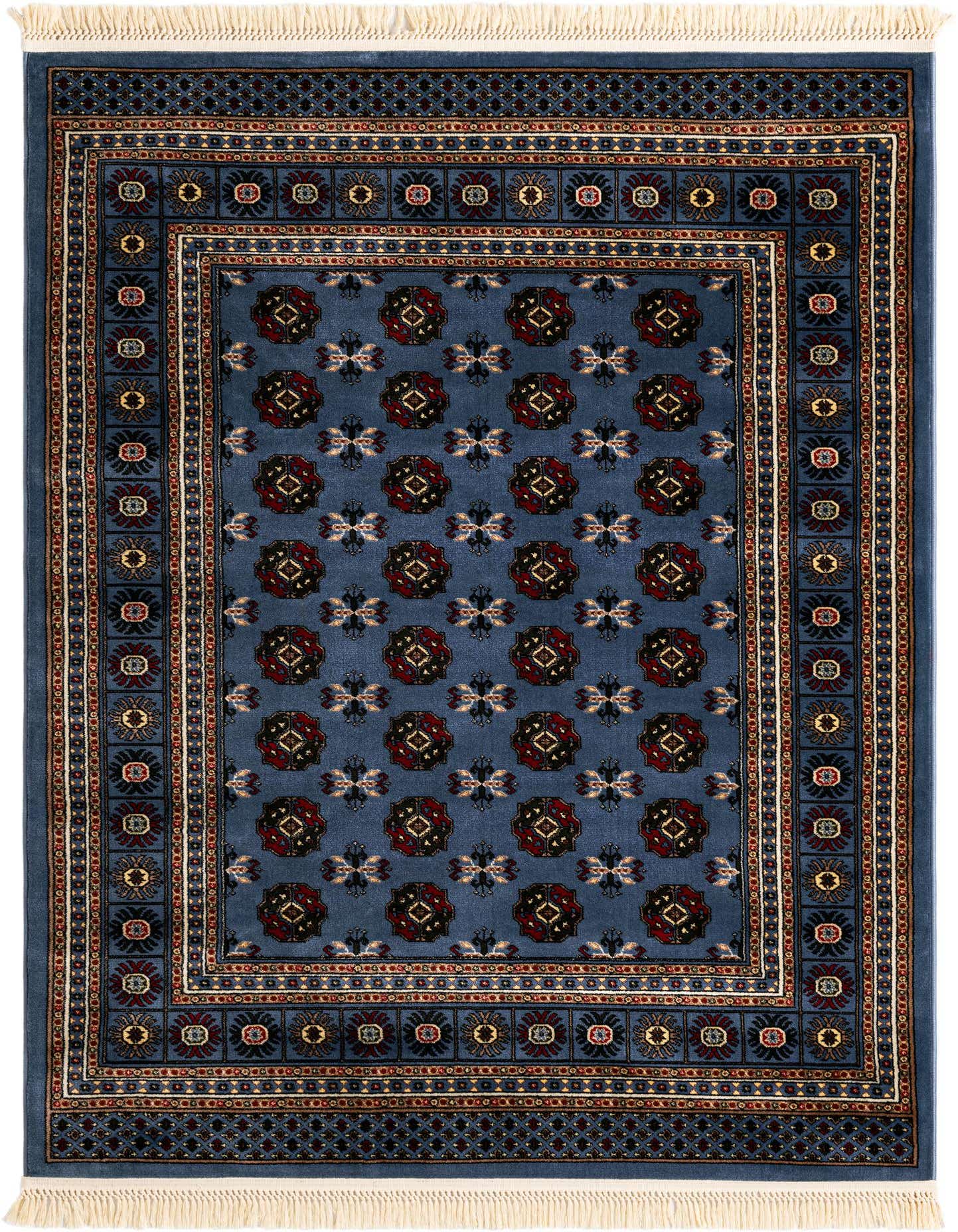 A 5x7 rectangular Bokhara rug in shades of blue with intricate traditional patterns and fringe.