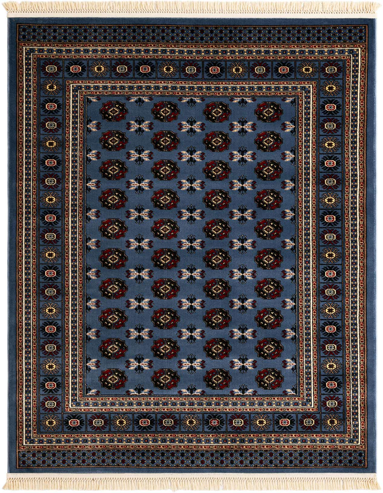 A 5x8 rectangular Bokhara rug in shades of blue with a traditional medallion pattern and intricate borders, featuring red, black, and gold accents.