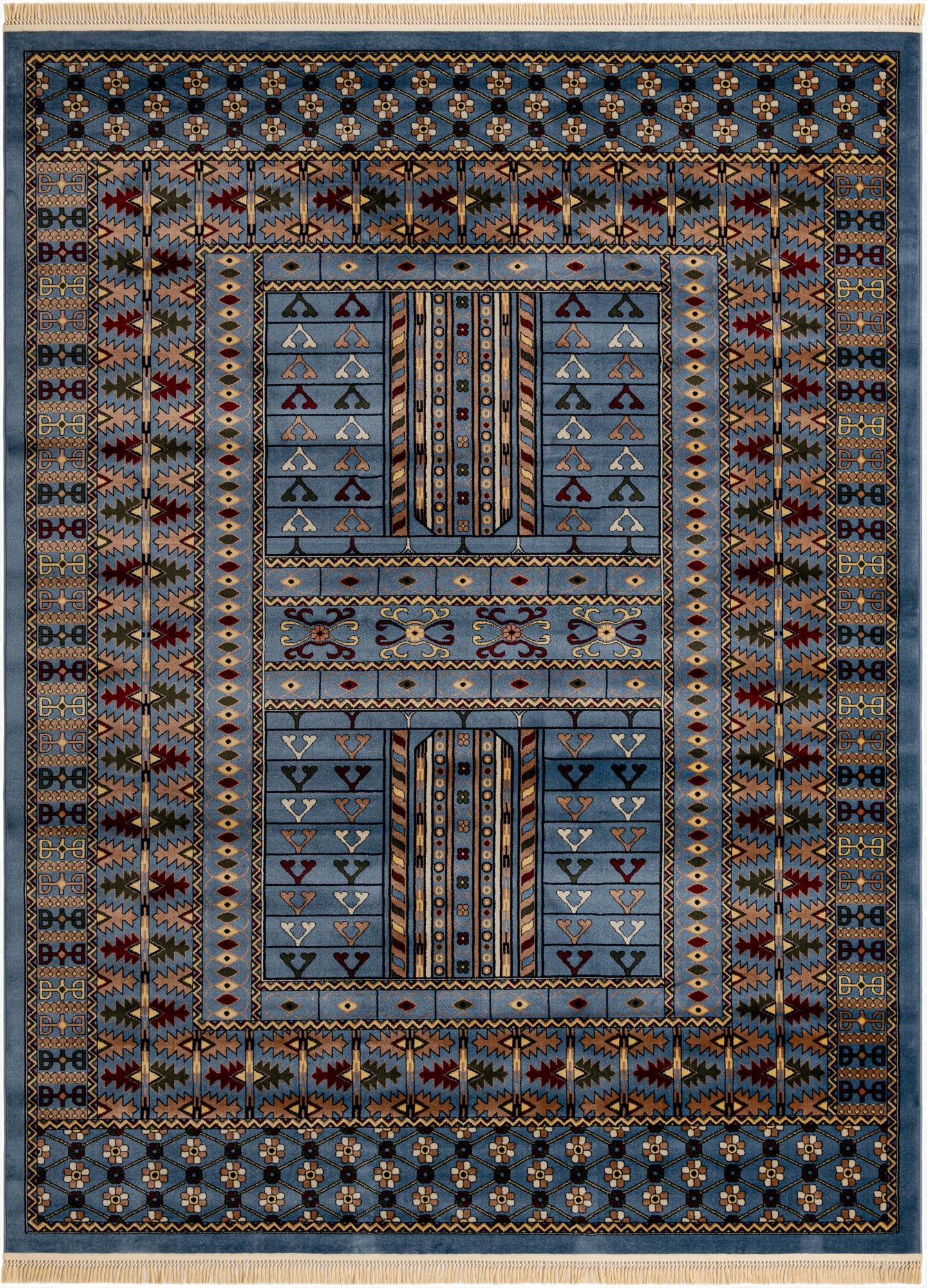 A 9x12 rectangular Bokhara rug in shades of blue with intricate traditional patterns in gold, red, and green.