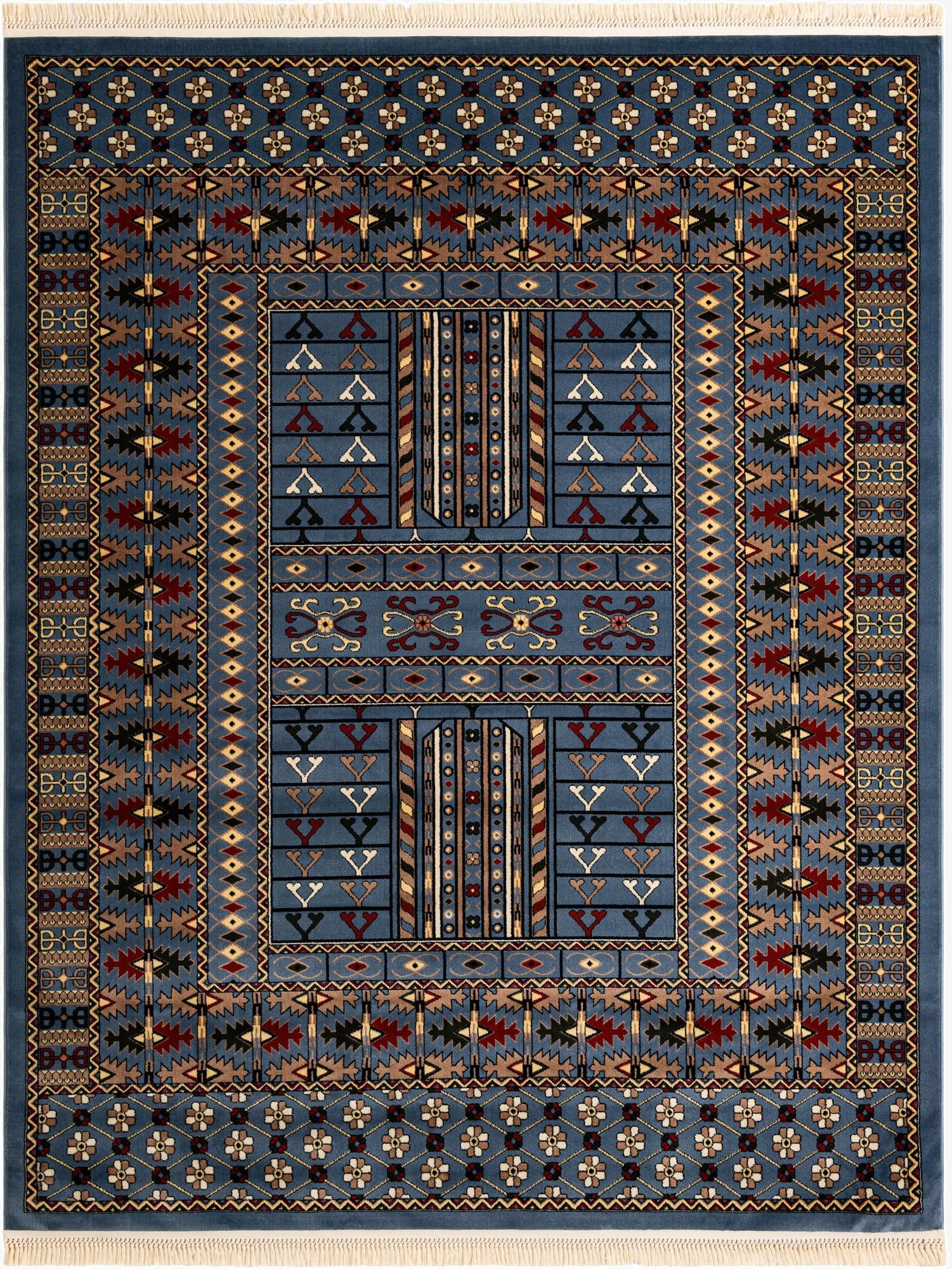 A rectangular 8x10 Bokhara rug in shades of blue with intricate traditional patterns in red, black, and beige, featuring a thin pile and fringed ends.