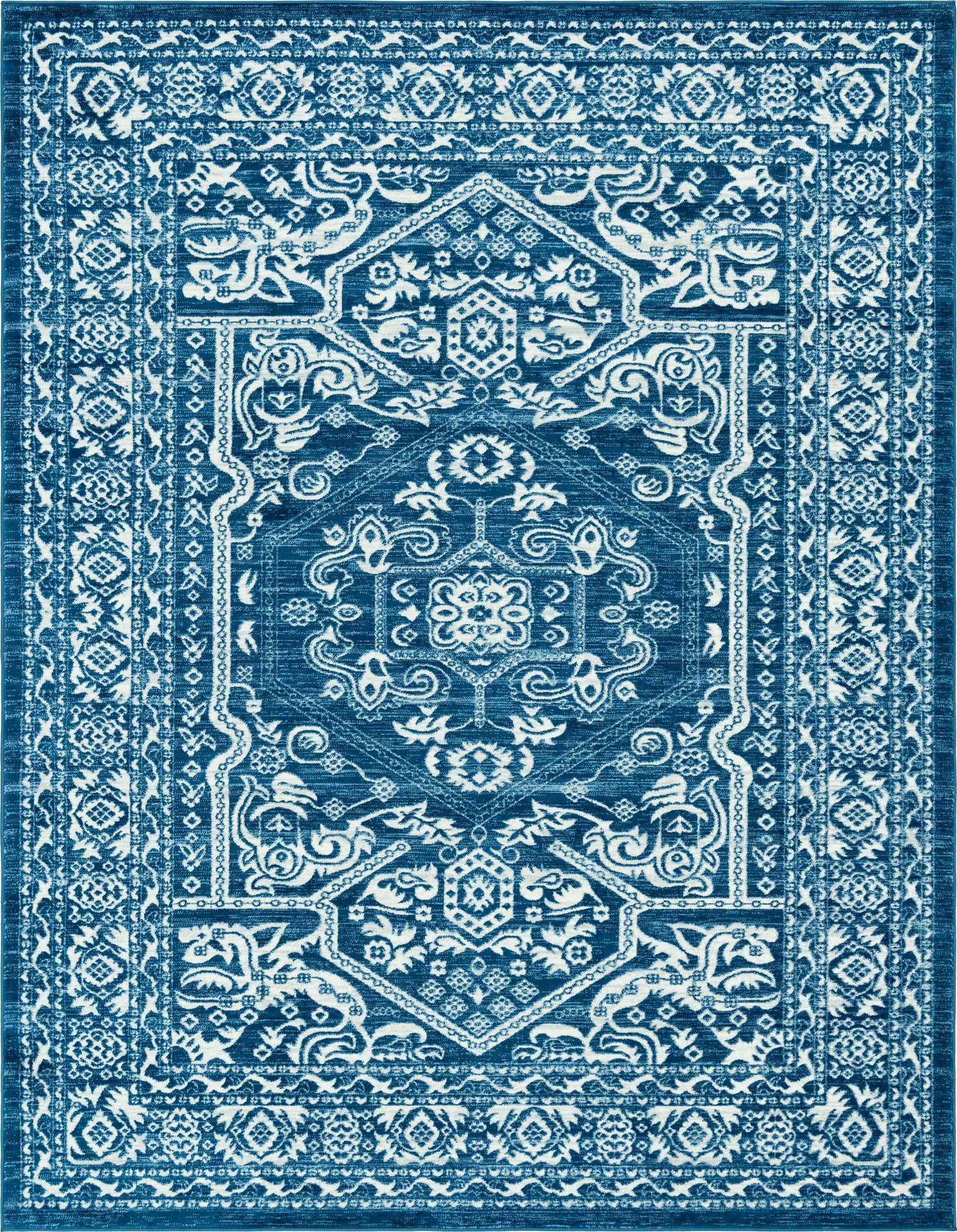 A 9x12 rectangular blue rug with a distressed white traditional medallion pattern, ideal for a living room.