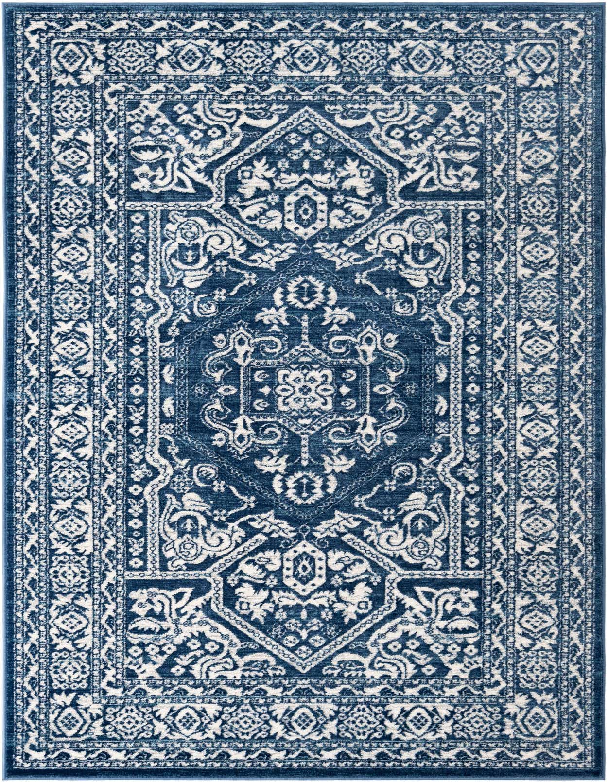 A 5x8 rectangular blue area rug with a distressed traditional medallion pattern and intricate border.