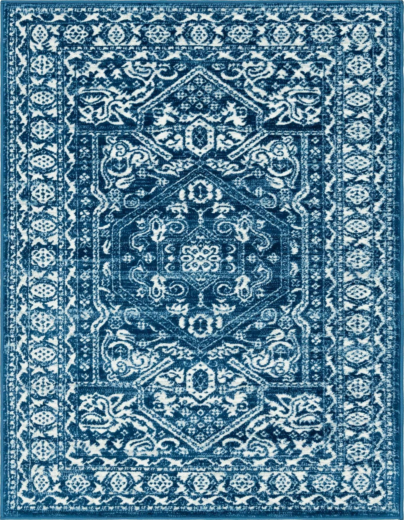 A 4x6 rectangular blue and white traditional medallion rug with a textured pile, perfect for a living room.