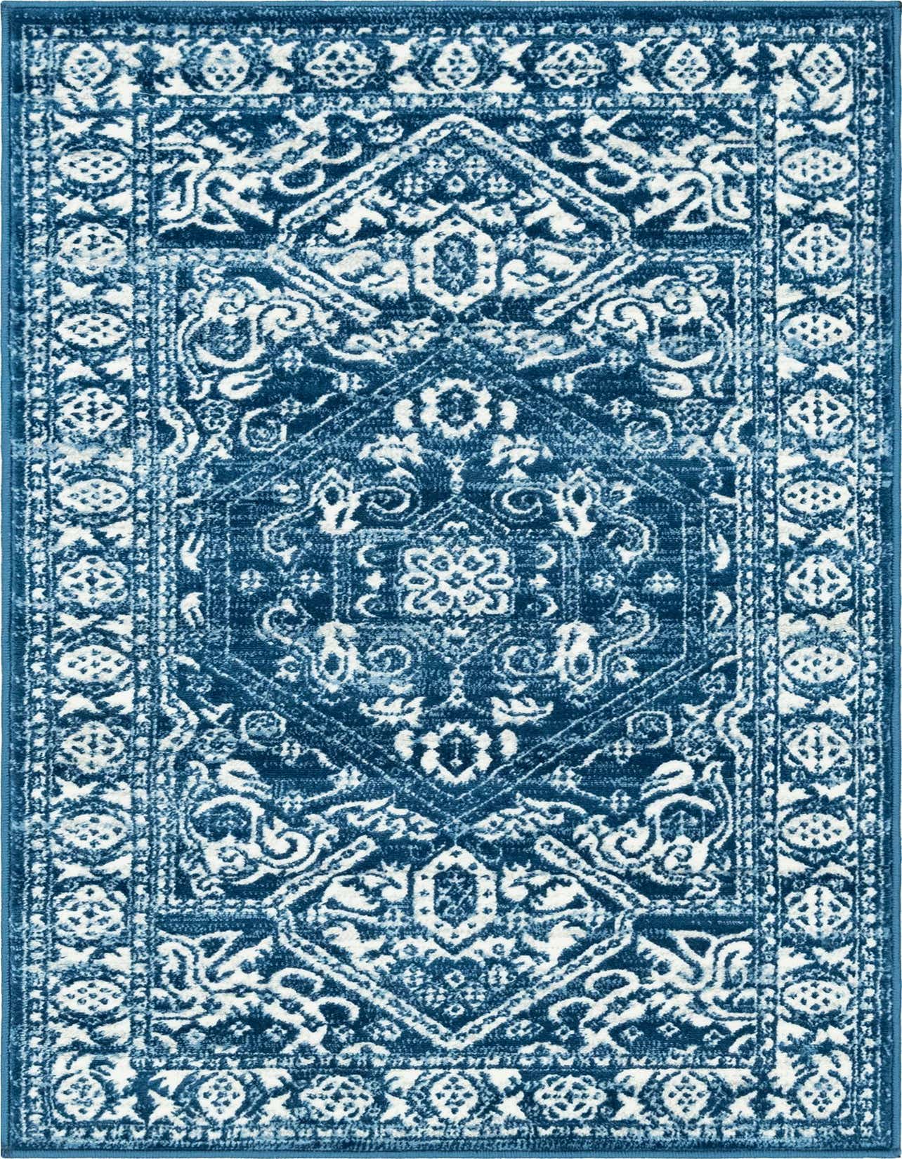 A 3x5 rectangular Boston collection rug featuring a distressed blue and white traditional medallion pattern with a textured pile.