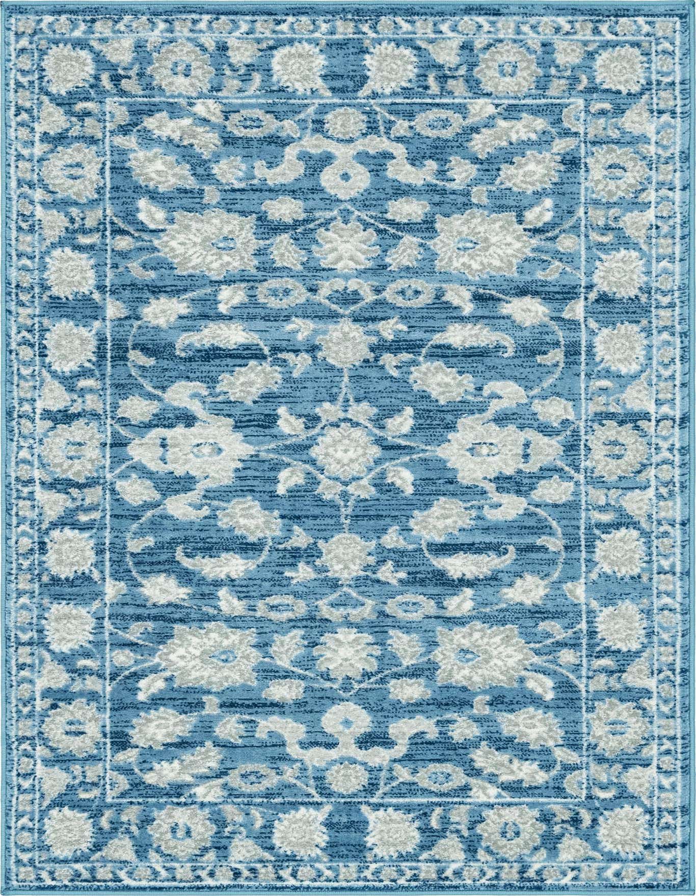 A 4x6 rectangular blue and light gray traditional floral rug with a textured pile, ideal for a living room or office.