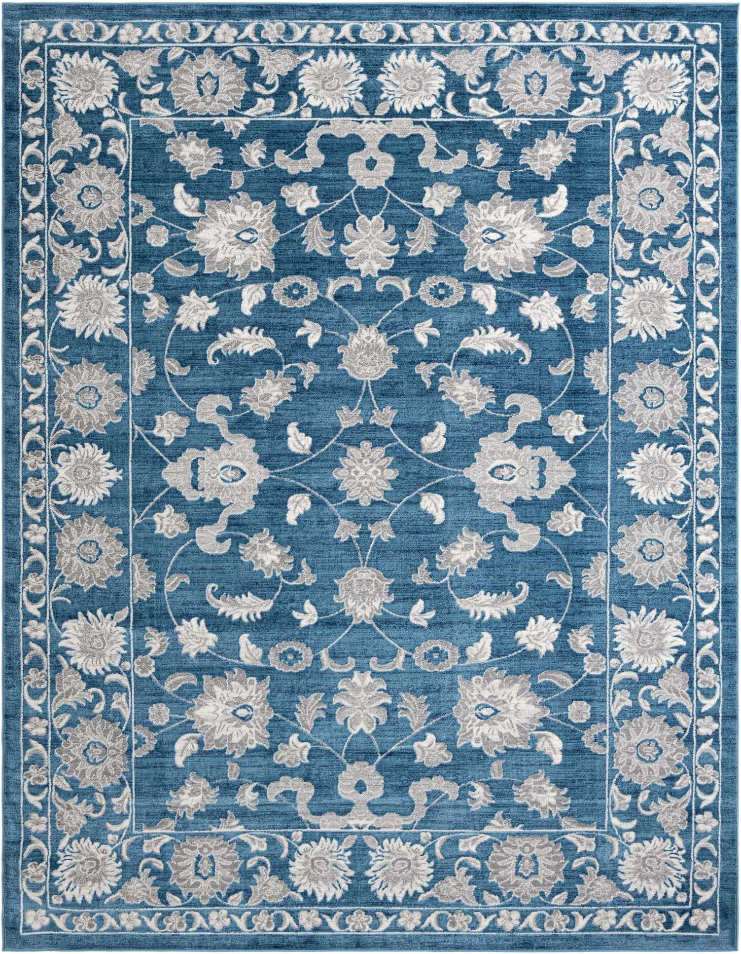 A 10x13 rectangular blue area rug with an intricate light gray floral medallion and border pattern.