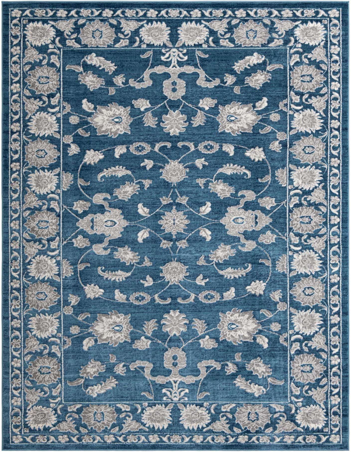 An 8x11 rectangular blue area rug with an intricate gray floral medallion pattern and a matching ornate border.