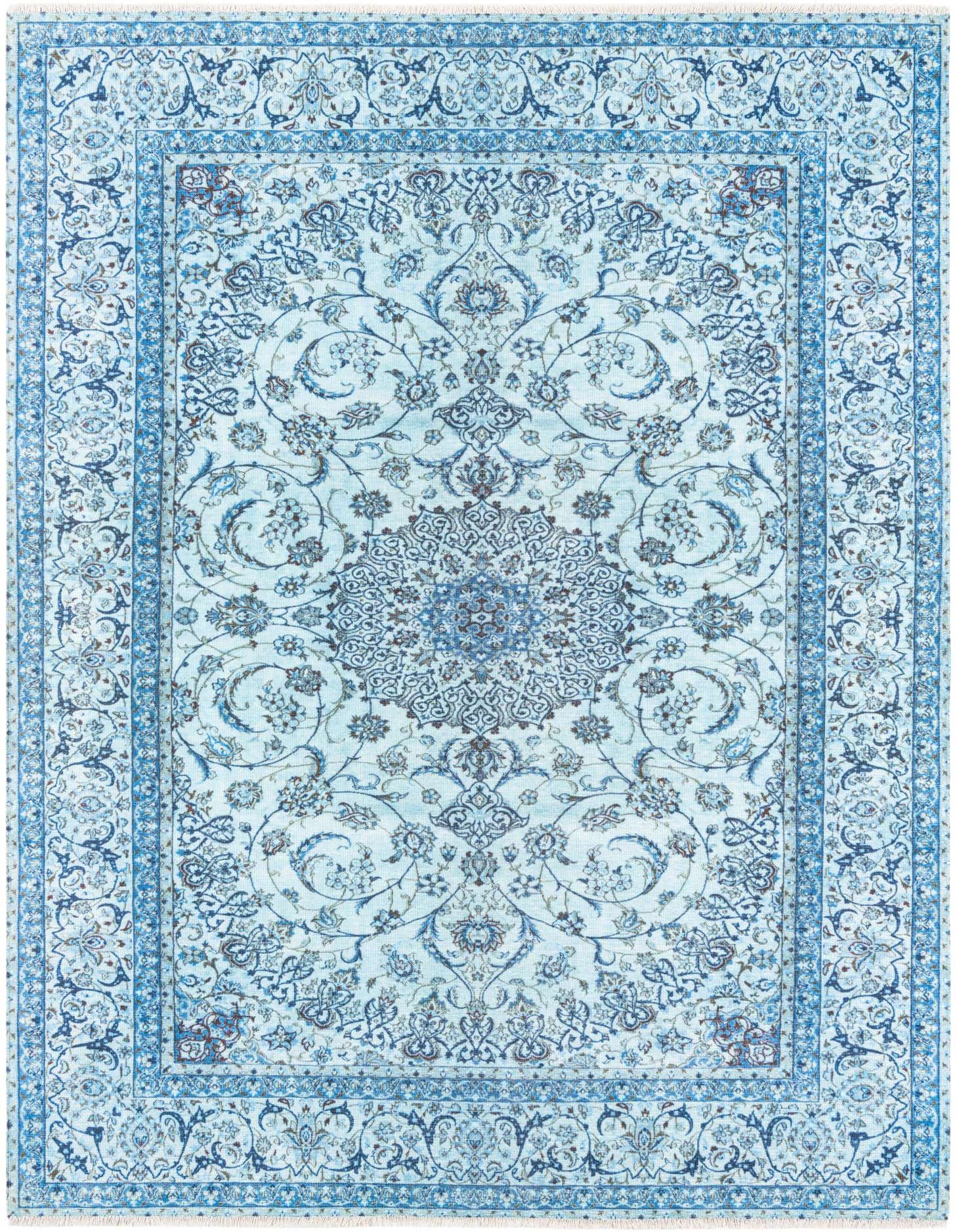A 5x8 rectangular indoor rug in shades of blue with a traditional medallion pattern and ornate border.