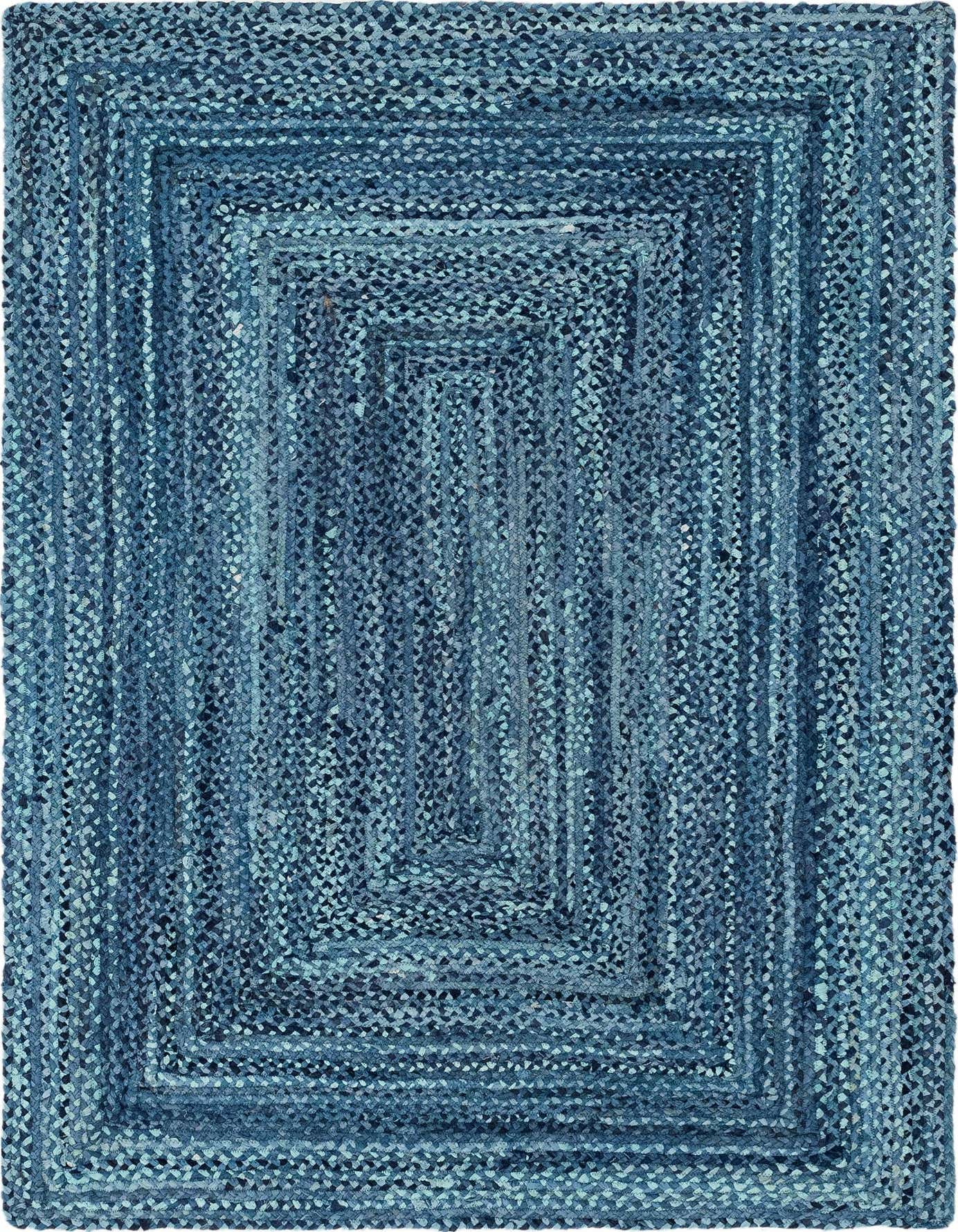 A 6x9 rectangular blue braided chindi rug with a modern, natural style and textured flatweave pile.