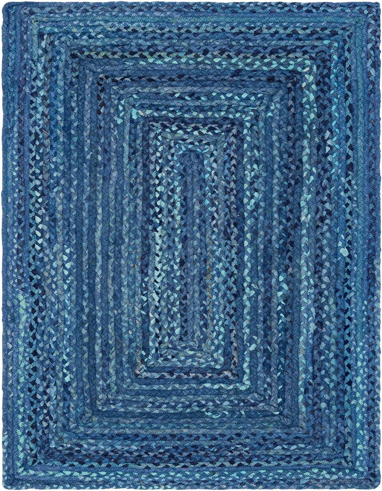 A 4x6 rectangular blue braided chindi rug with a textured, modern stripe pattern, ideal for a living room or office.