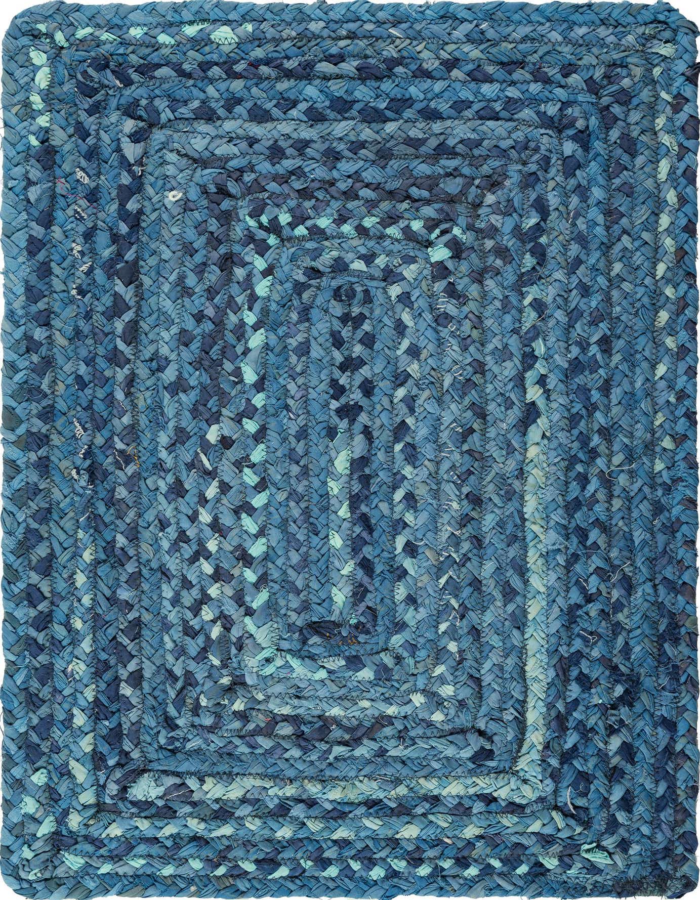 A 2x3 rectangular Braided Chindi rug in various shades of blue, showcasing its textured, flatweave cotton braids.