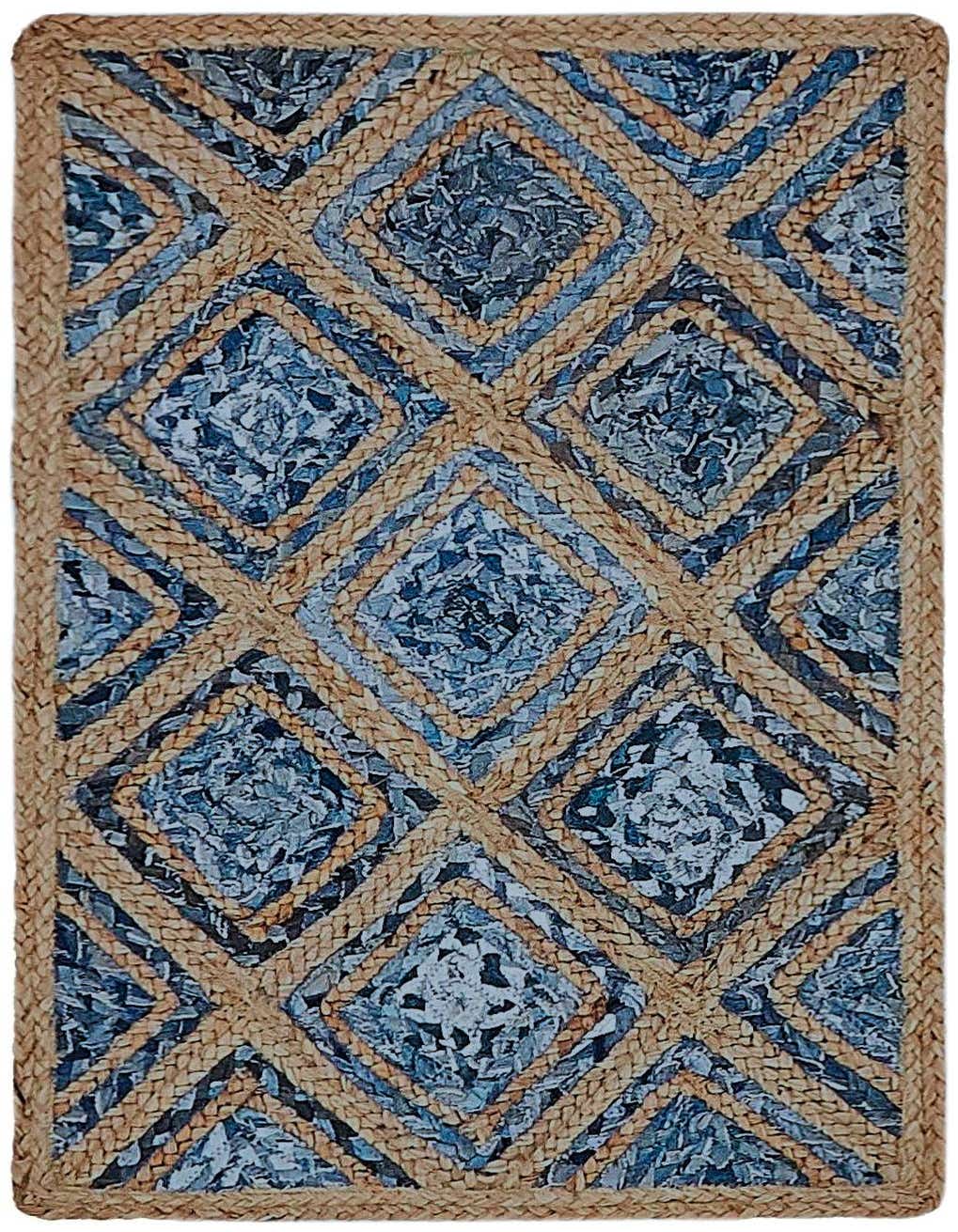 A 2x3 rectangular blue and natural jute rug with a braided trellis pattern and textured denim infill, suitable for an indoor space.