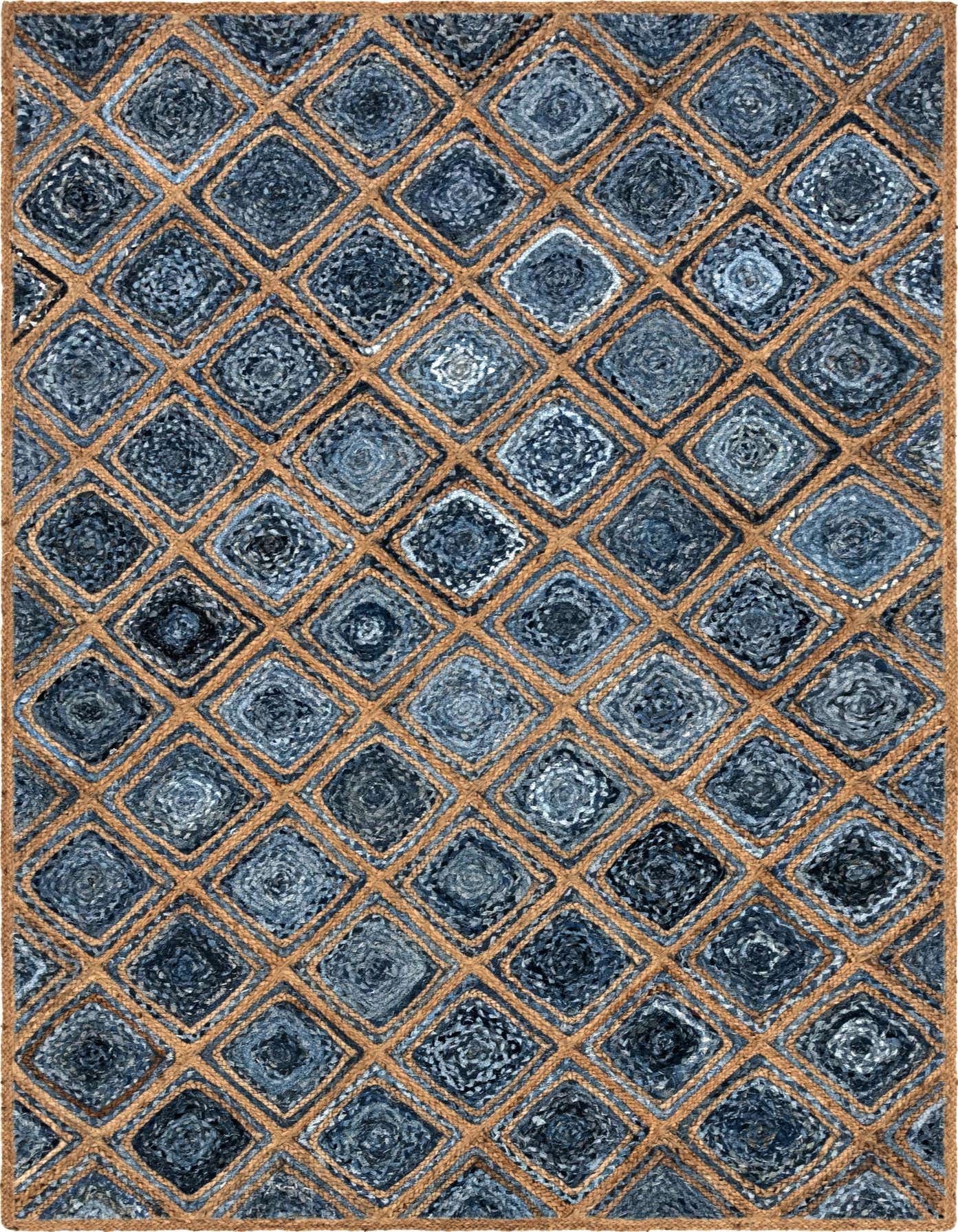A 6x9 rectangular Braided Jute rug featuring a trellis pattern of blue denim squares framed by natural jute braids.