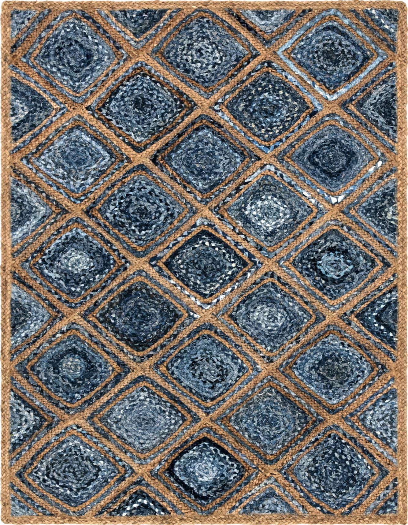 A 4x6 rectangular blue and natural jute rug with a diamond trellis pattern, ideal for a living room.