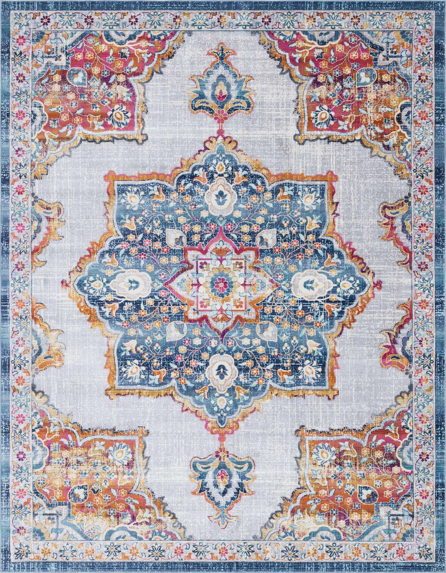 A 9x12 rectangular Budapest rug featuring a distressed blue medallion and vibrant Bohemian floral patterns on a light gray background.