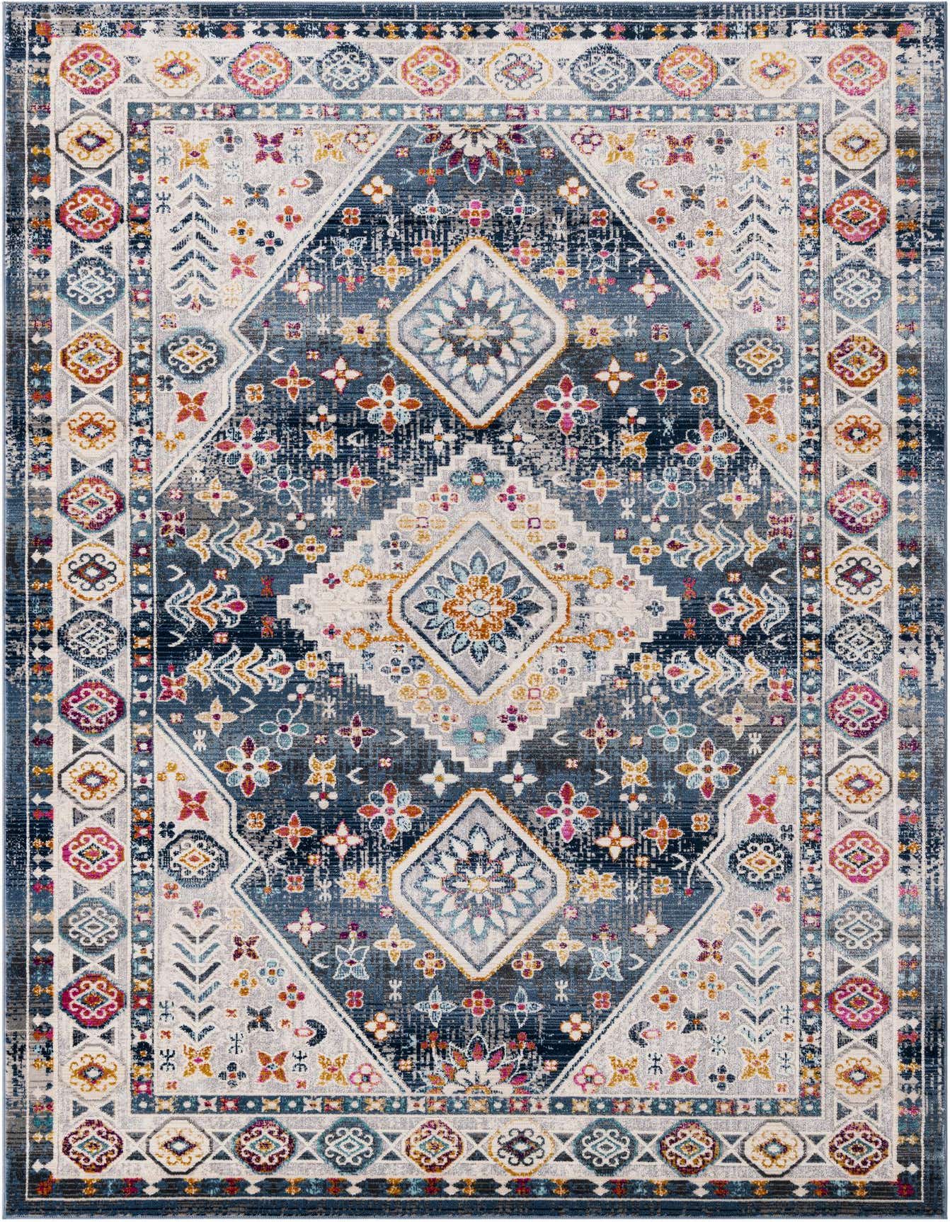 A 5x8 rectangular blue bohemian rug with a distressed medallion pattern and colorful floral accents, ideal for a living room.
