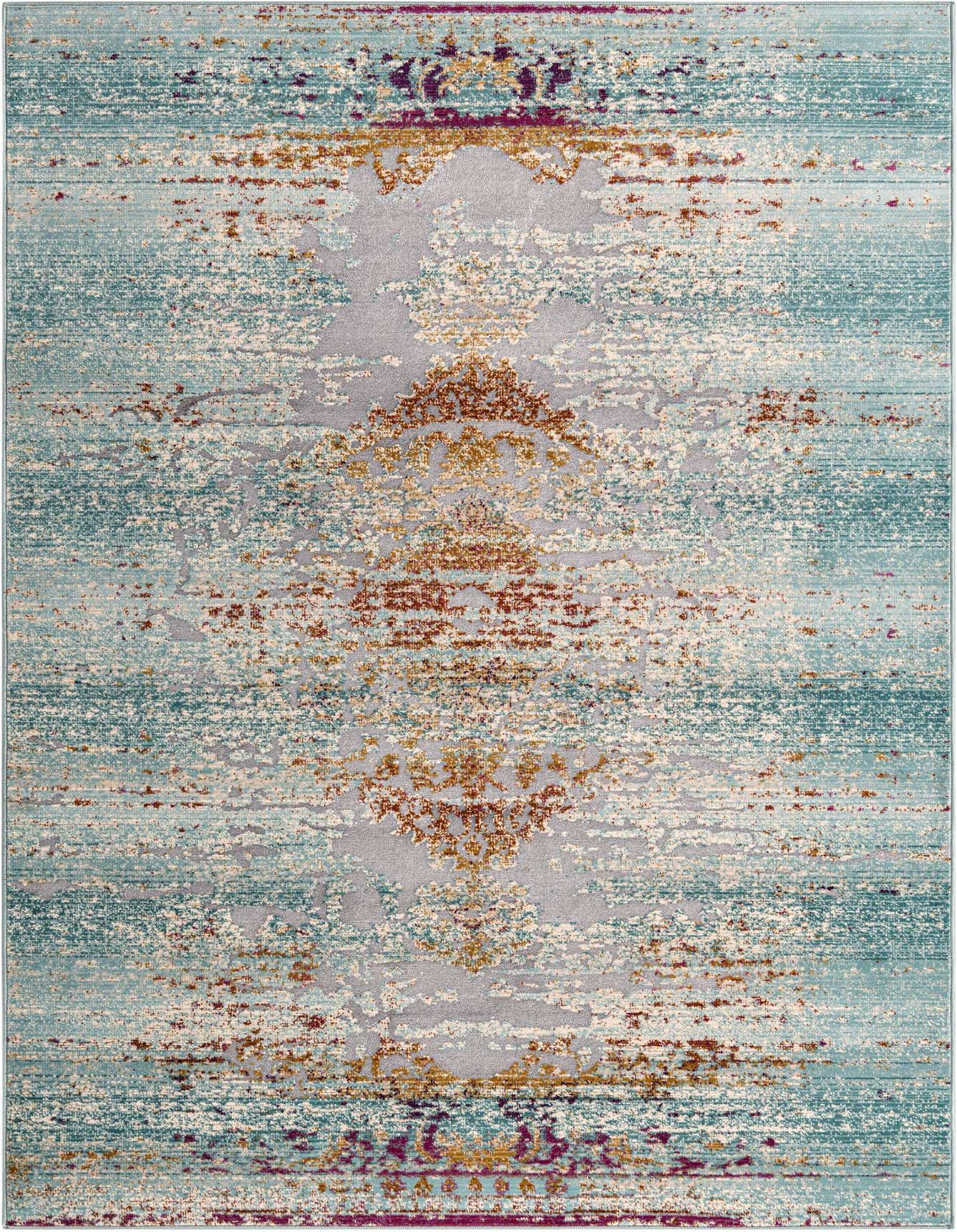 A 5x8 rectangular Budapest rug featuring an abstract medallion design in various shades of blue, gold, and hints of purple.