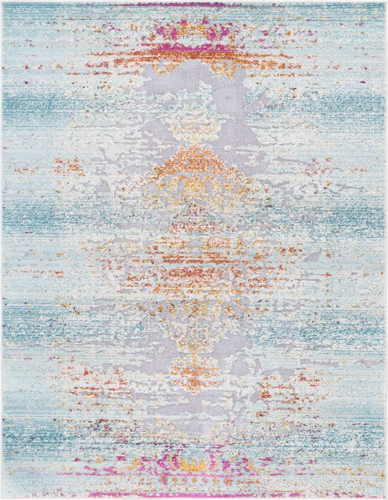 A 4x6 rectangular blue bohemian rug with a distressed medallion pattern in shades of orange, pink, and yellow.