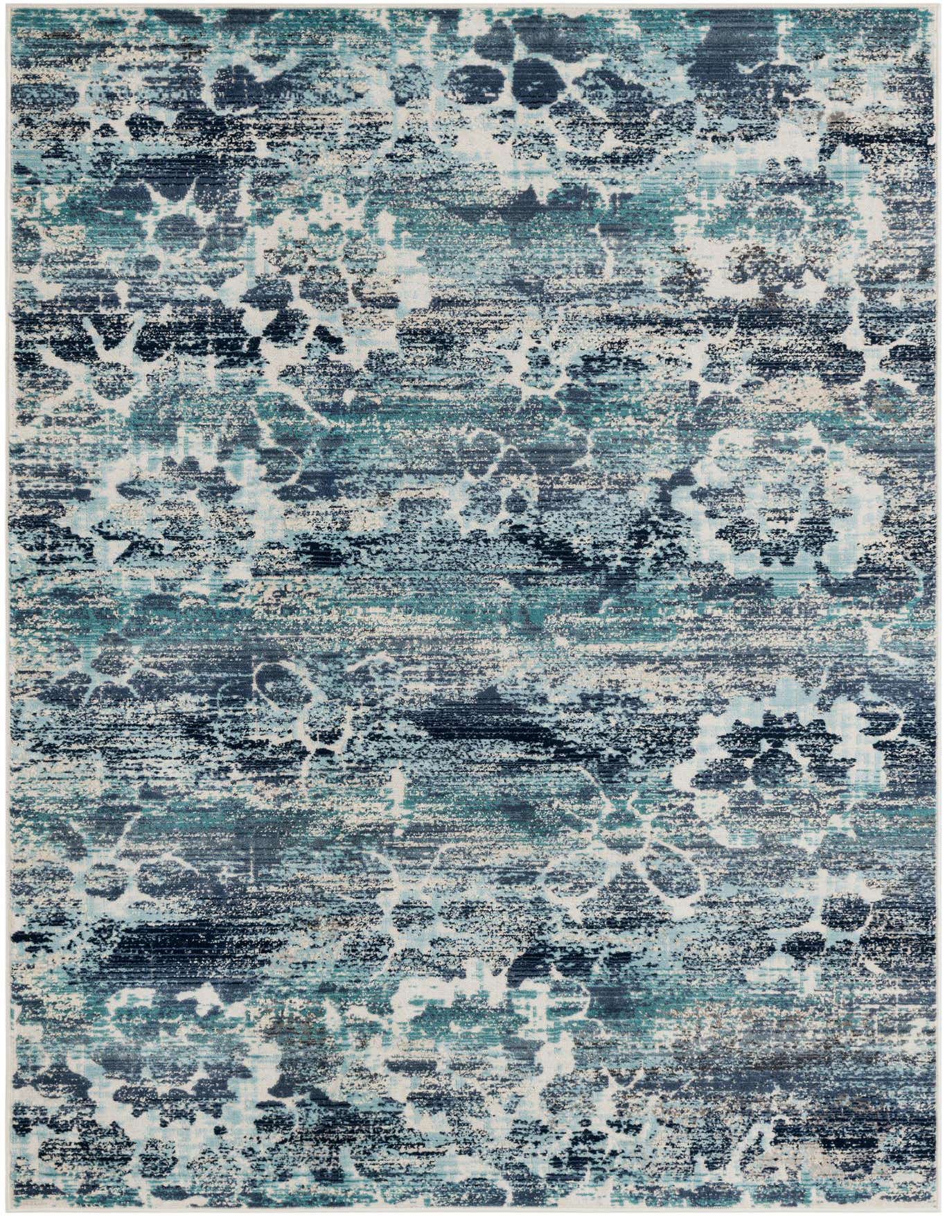 A 5x8 rectangular indoor rug featuring an abstract bohemian pattern in various shades of blue and white.