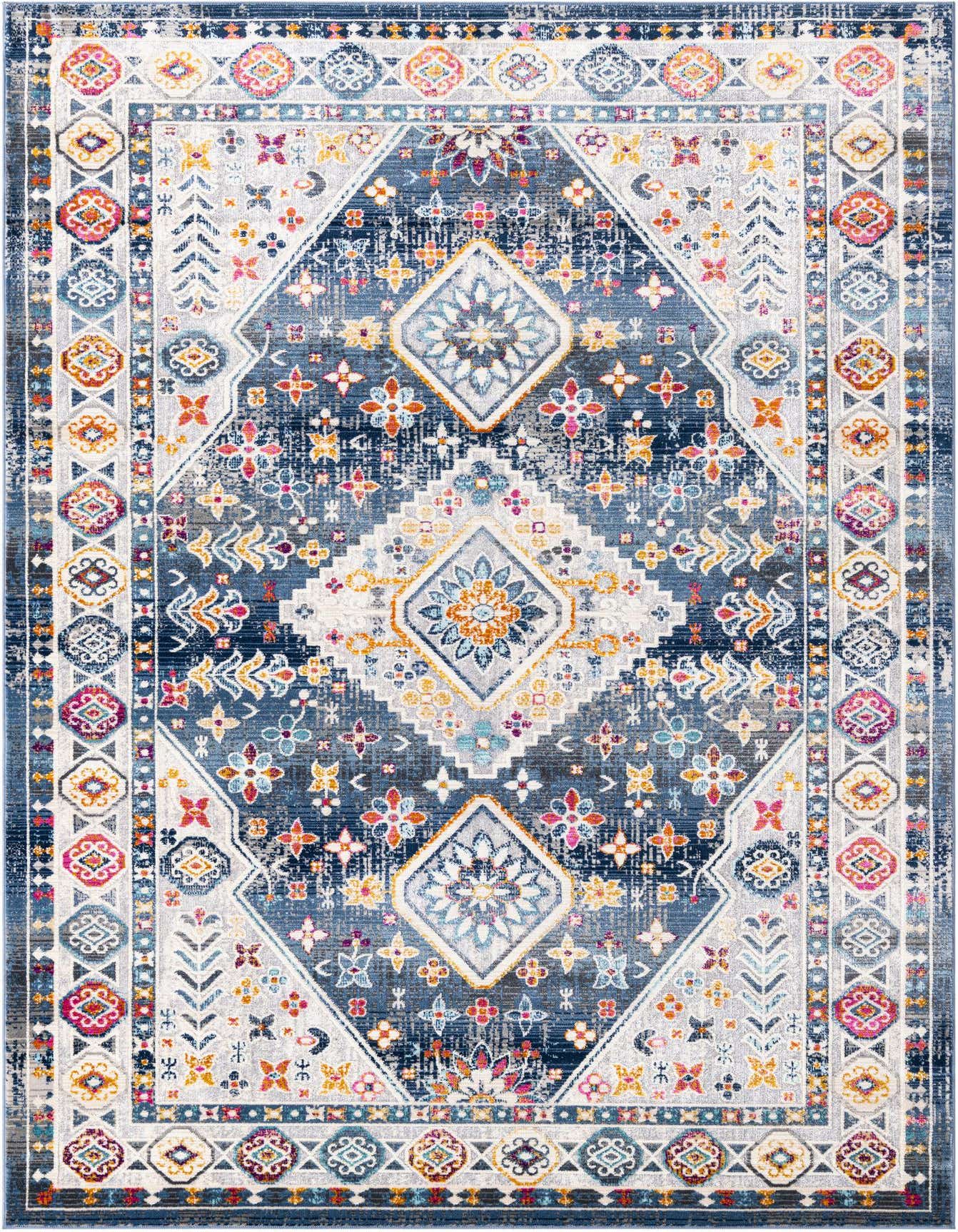 A 3x5 rectangular blue area rug with a distressed eclectic medallion pattern and a colorful border.