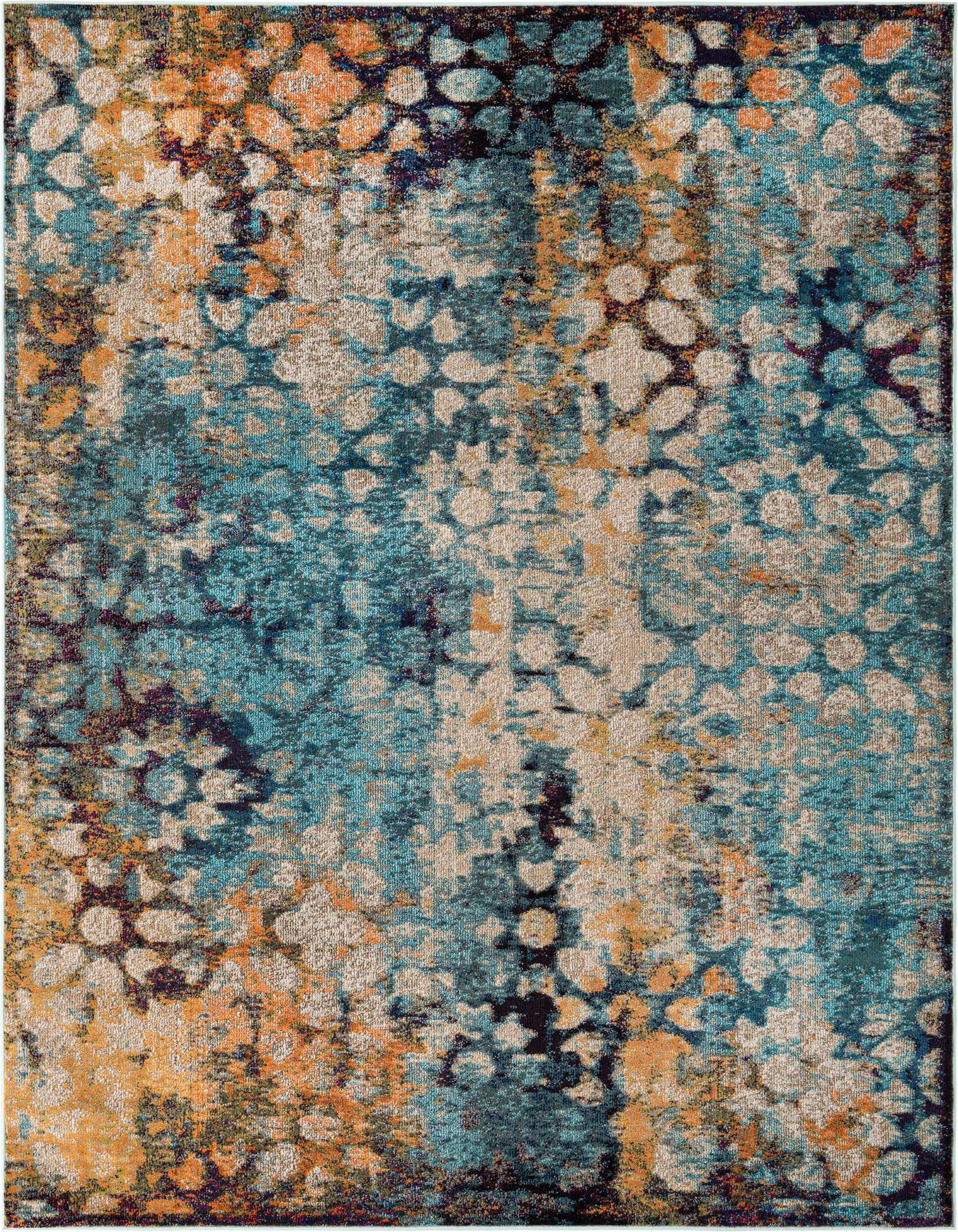 A rectangular 8x10 abstract area rug featuring a distressed pattern in various shades of blue, orange, and beige.